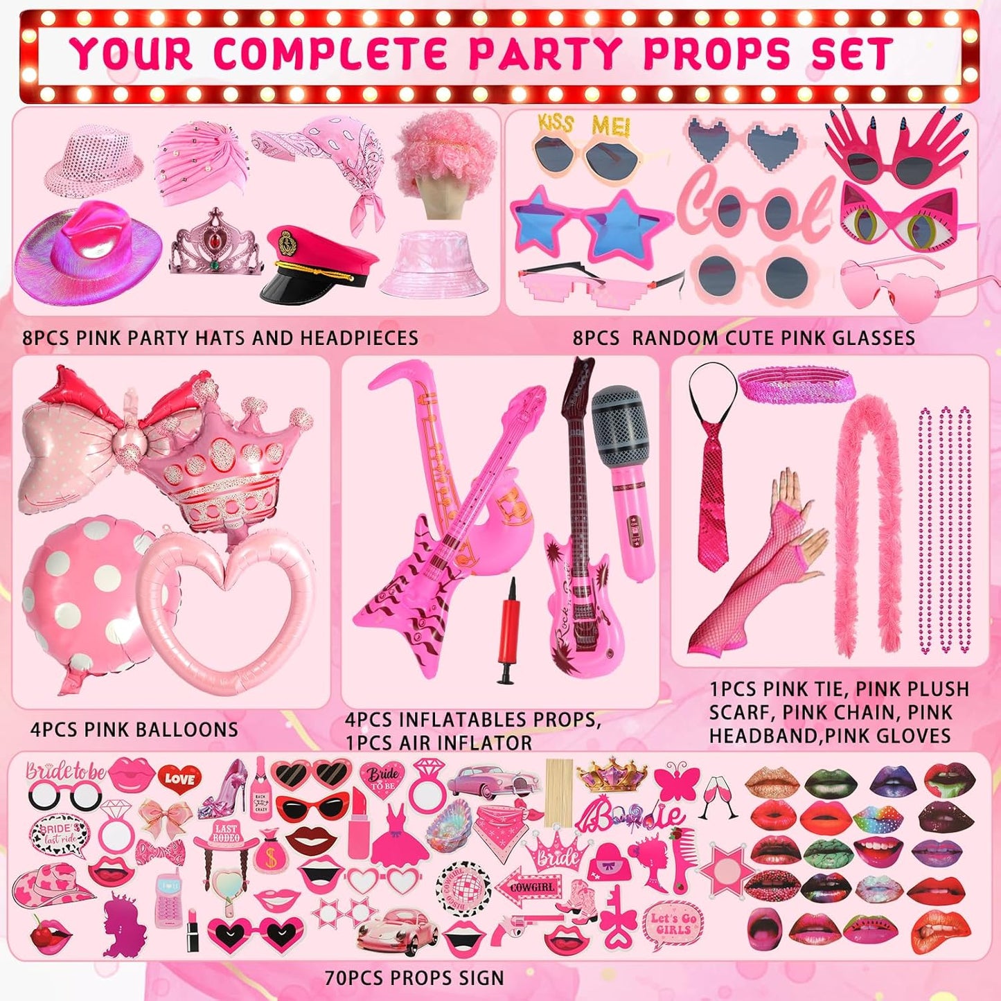 Bulk Premium Hot Pink Funny Photo Booth Props Set for Women, Cute Hot Pink Hats, Glasses, Wig, Inflatable Props, PhtotBooth Props Kit for Girls Bachelorette, Wedding, Bridal Shower and All Occasions
