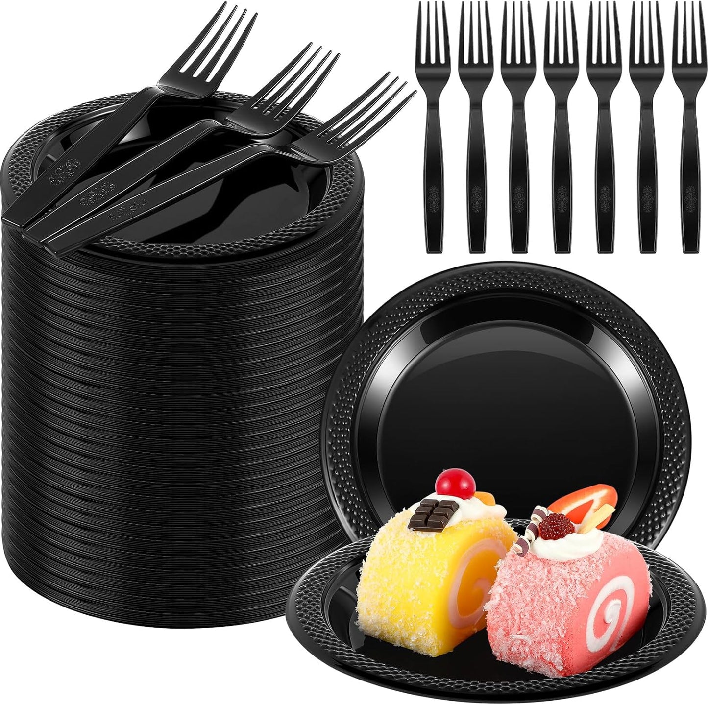 Hushee 600 Pcs 6 Inch Plastic Dessert Plates with Forks for Cake Appetizer, 300 Disposable Plates and 300 Plastic Forks for Wedding Birthday Party Event Bulk (Black)