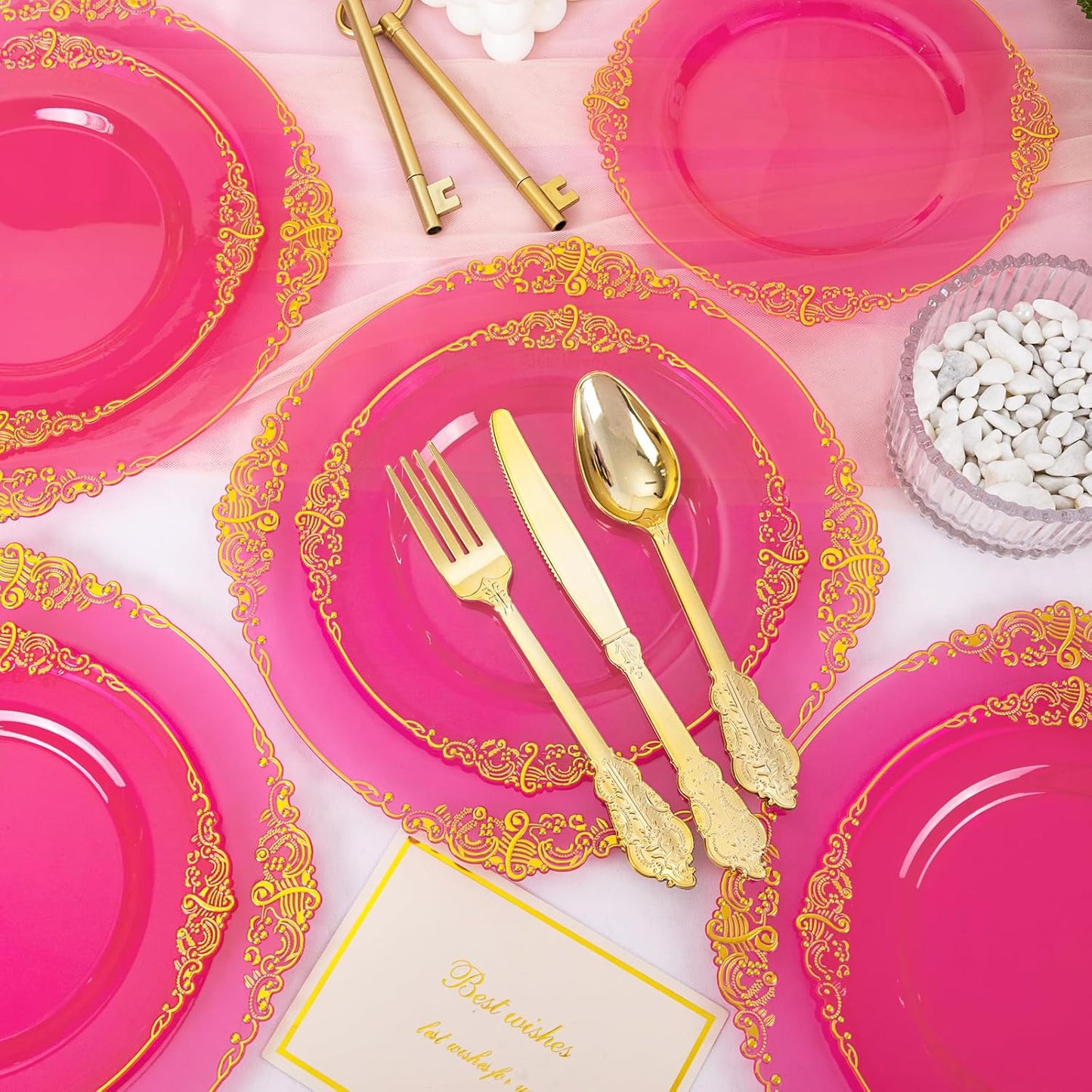 125PCS Hot Pink Plastic Plates - Clear Pink Gold Disposable Plates - Hot Pink Party Plate with Gold Plastic Silverware Set for 25 Guests for Wedding Party Birthday