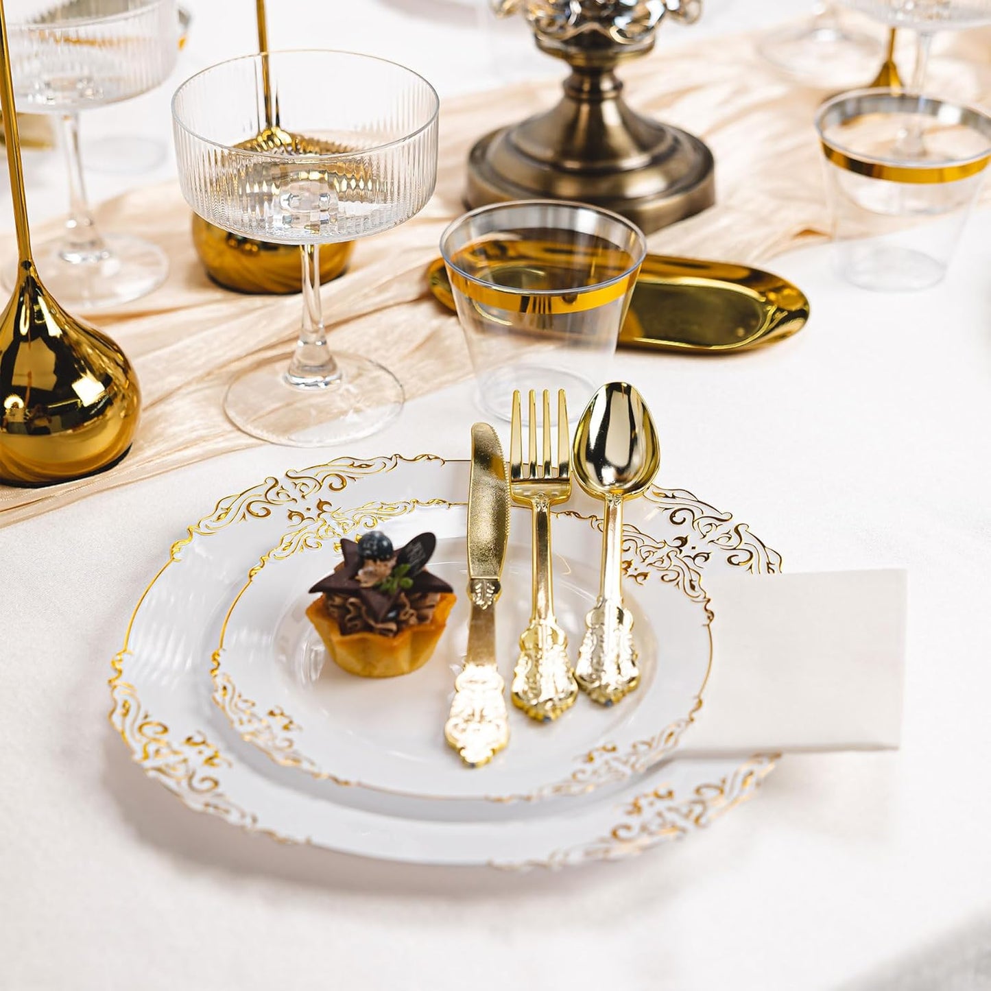 350PCS Gold and White Plastic Plates, Gold Plastic Dinnerware Sets for 50 Guests, 100 Disposable Plates, 150 Silverware, 50 Cups, 50 Napkins for Party and Wedding
