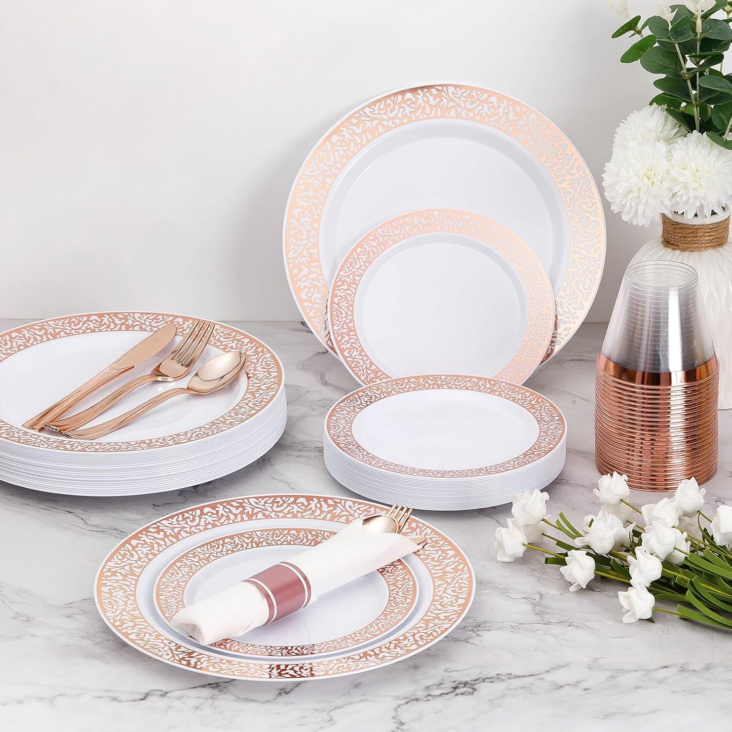 Goodluck 350 Piece Rose Gold Plastic Dinnerware Set for 50 Guests, Disposable Lace Plates for Party, Include: 50 Rose Gold Party Plates, 50 Dessert Plates, 50 Pre Napkins with Silverware, 50 Cups