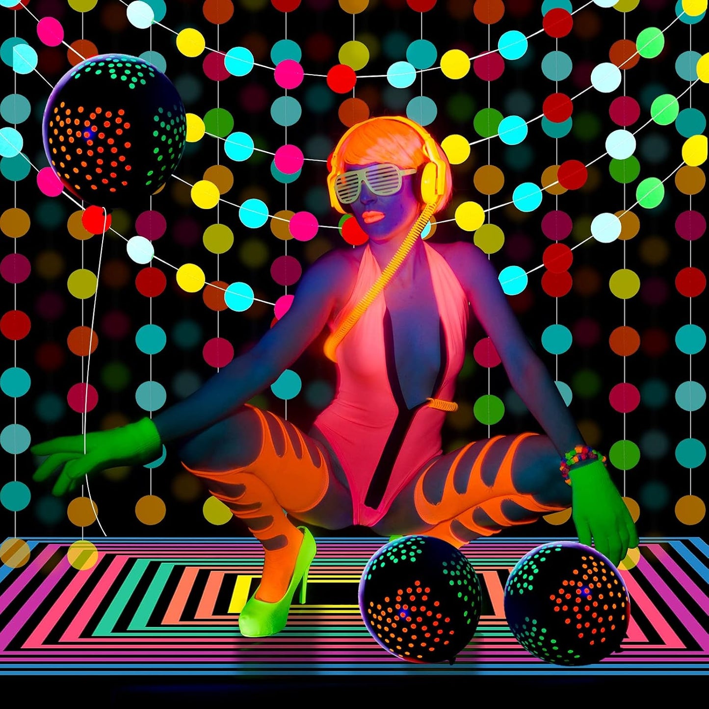 32 Pcs Glow in The Dark Party Supplies Halloween Neon Party Favors with 25 Fluorescent Balloon 6 Rolls 98.4 ft UV Blacklight Luminous Tape 14.4 ft Neon Streamer Garland for Adults(Funny Dot)