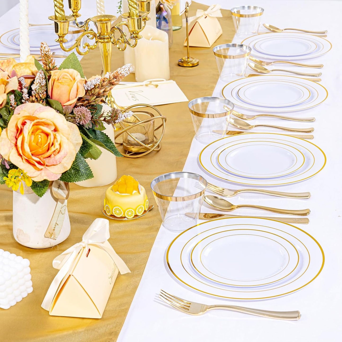 Gold Disposable Dinnerware Set for 100 Guests - 600PC BPA-Free Plastic Plates & Cutlery Kit with 100 Dinner Plates, Salad Plates, Forks, Knives, Spoons & Cups for Wedding, Party, Catering (Heavy-Duty)