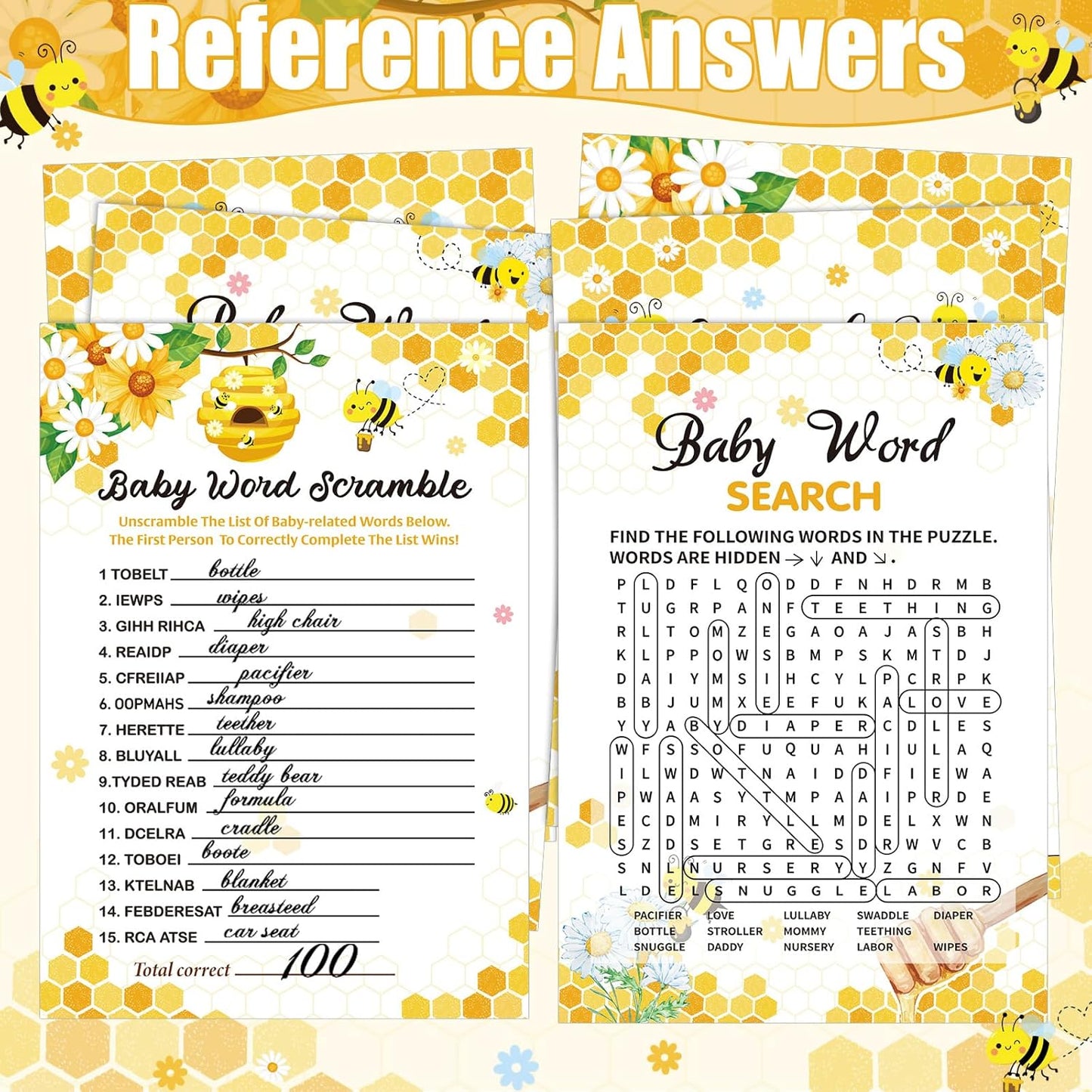 426 Pcs Bee Baby Shower Games Set-8 Games, Includes Baby Shower Bingo, Price is Right, Guess Who, Word Scramble, Prediction and Advice, How Big is Mommy's Belly, Don't Say The Words