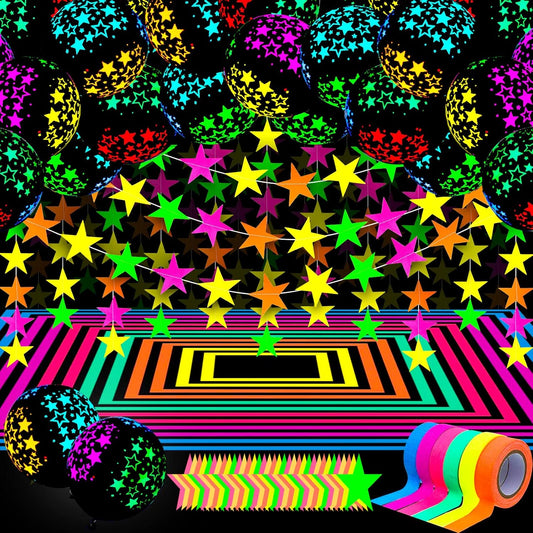 32 Pcs Glow in The Dark Party Supplies Christmas Neon Party Favors with 25 Fluorescent Balloon 6 Rolls 98.4 ft UV Blacklight Luminous Tape 14.4 ft Neon Streamer Garland for Adults(Cute Star)