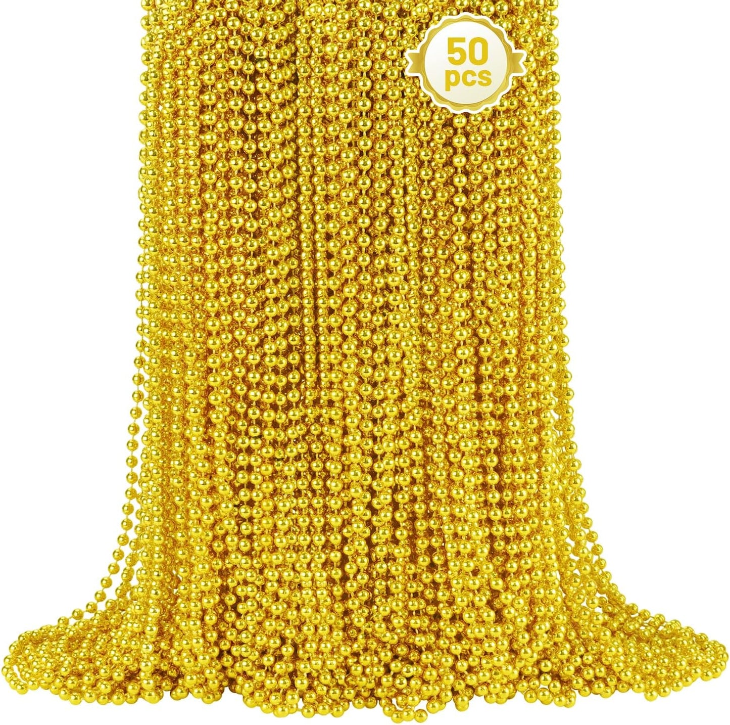 SHAOQINLIN 50 PCS Gold Bead Necklace, Gold Mardi Gras Christmas Beads Necklaces 33" Metallic Beaded Costume Necklaces Party Necklaces for Mardi Gras Parade Throws Wedding Birthday Pirate Party Favors