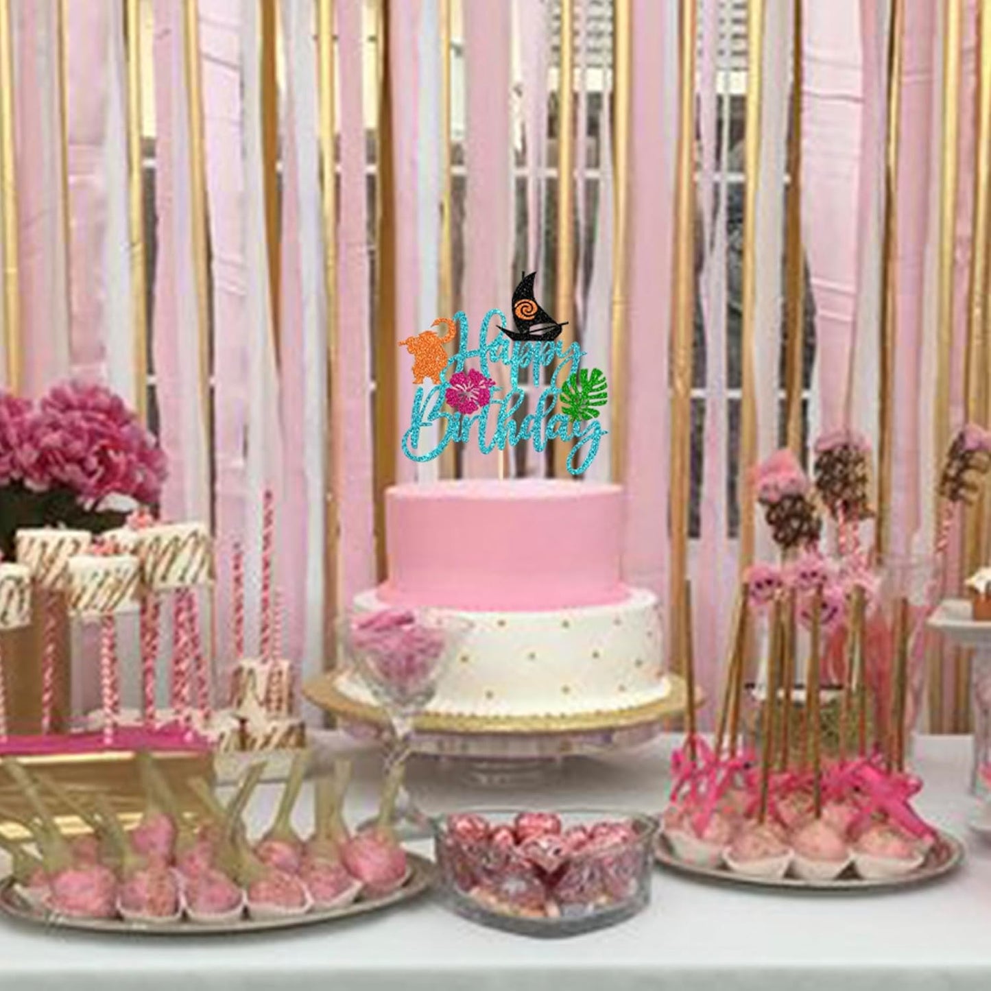 1 Pack Moana Cake Toppers Glitter Palm Leaf Moana Cake Picks The Sea is Calling Hawaiian Tropical Cupcake Decorations for Luau Summer Baby Shower Birthday Party Supplies Blue