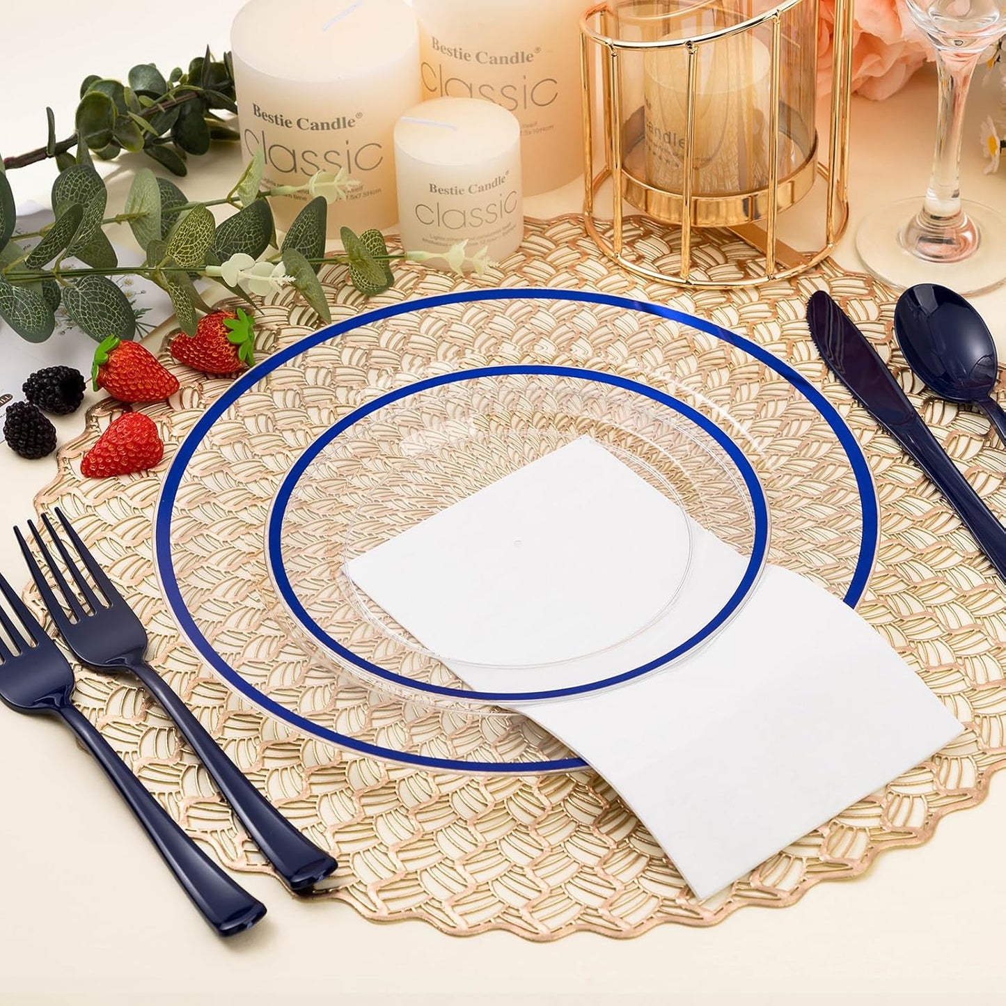 200PCS Blue and Clear Plastic Plates, Blue Disposable Plate Set with 100 Dinner Plate and 100 Dessert Plates for Party, National Day