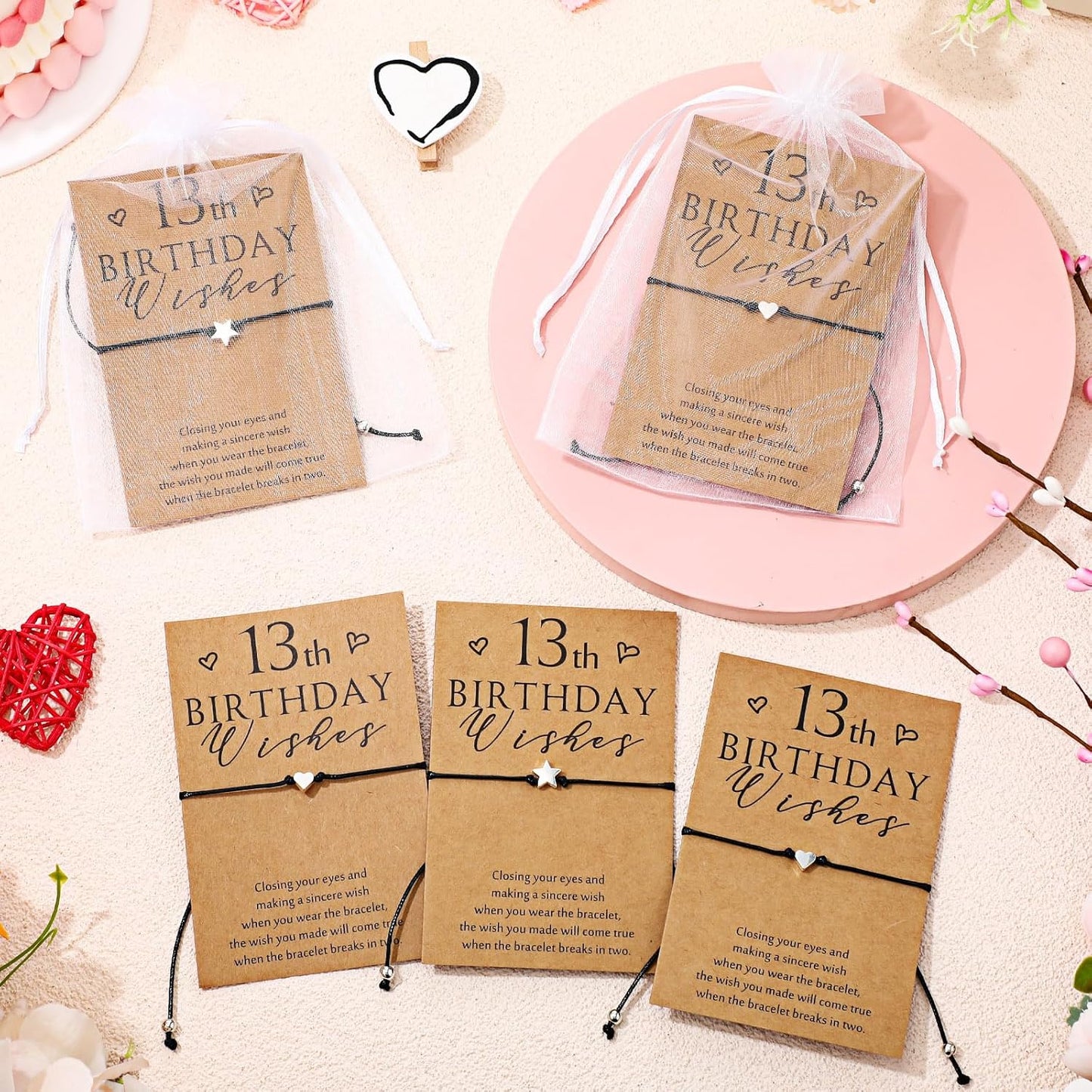 Misdary 25 Set Sweet 13th Birthday Wish Party Favors for Guests Include Adjustable Heart Charm Star Bracelets Gift with Thank You Wish Cards for Birthday Souvenirs Party Supplies Decor