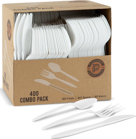 PLASTICPRO 400 Pack Disposable Plastic Utensils Assorted Colored Cutlery Combo Set Forks Spoons Knives Silverware, White Plastic Cutlery for Parties