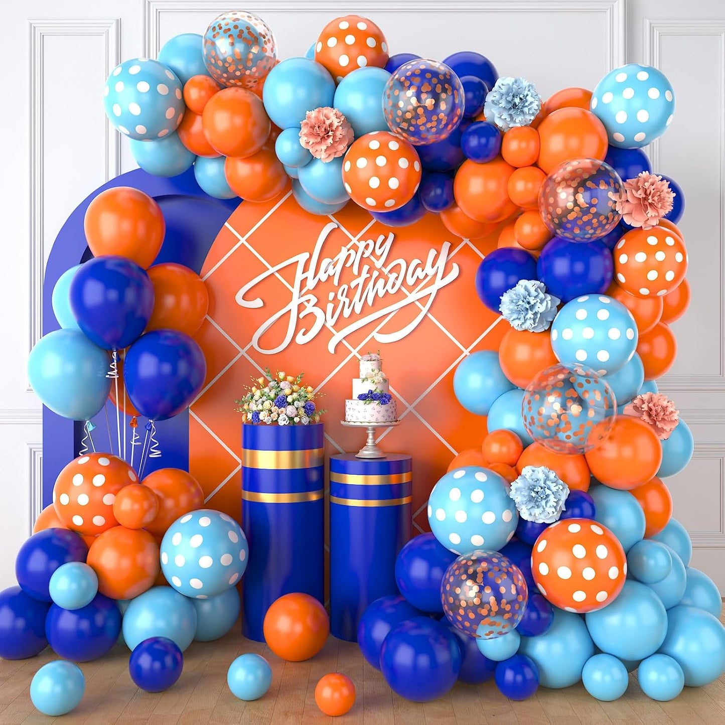 Paready Blue and Orange Balloon Arch Kit, 113Pcs Royal Blue Balloon Garland Light Blue and Orange Polka Dot Party Balloons Confetti Balloons for Birthday Party Baby Shower Wedding