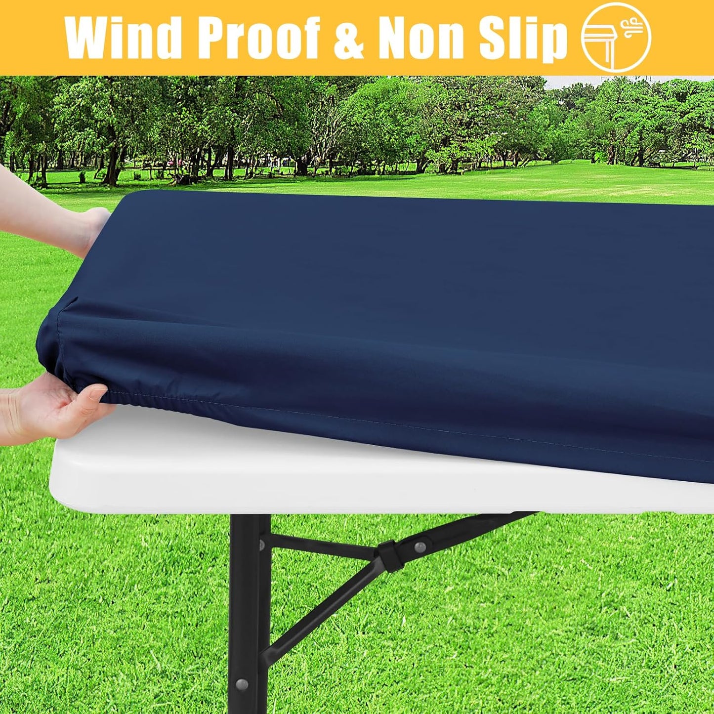 Rectangle Table Cloth, Waterproof Elastic Fitted Tablecloth for 8 Foot Folding Tables, Washable Polyester Tablecloths for Picnic, Camping, Outdoor (Navy Blue, 30"x96")