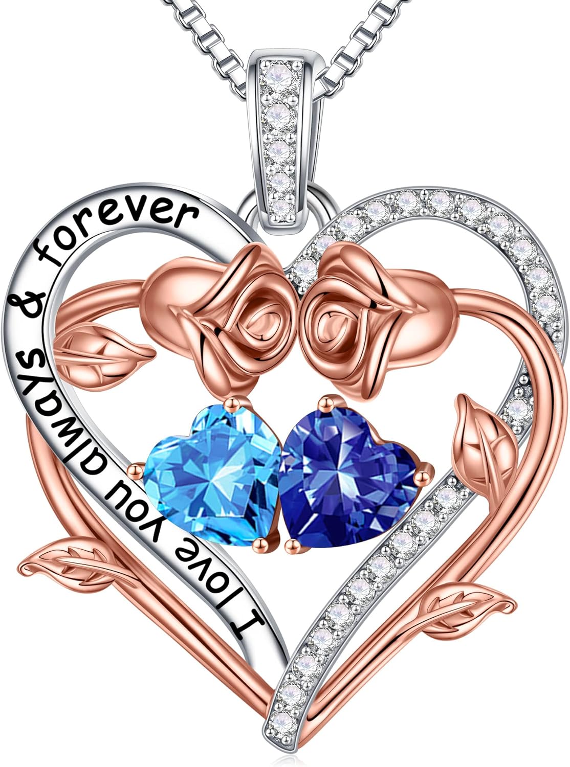 Iefil Rose Heart Double Birthstone Necklace Gifts for Wife Her Mom Women, Birthstone Jewelry Gemstone Birthday Gifts for Girlfriend Grandma Her Wife Women