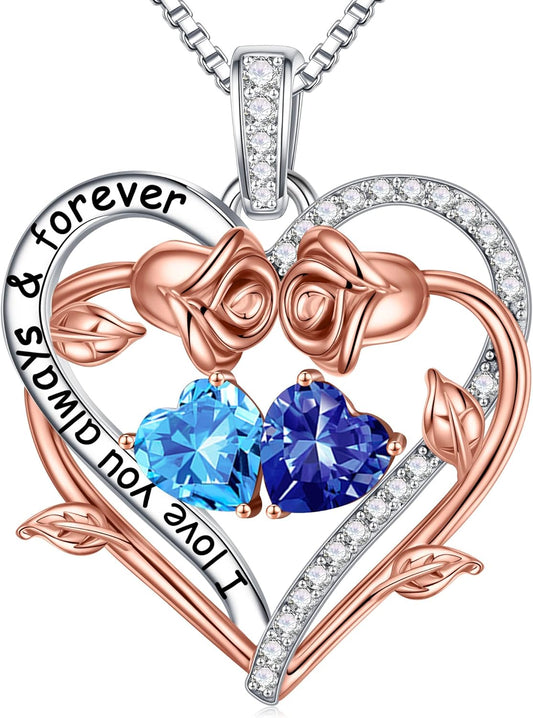 Iefil Rose Heart Double Birthstone Necklace Gifts for Wife Her Mom Women, Birthstone Jewelry Gemstone Birthday Gifts for Girlfriend Grandma Her Wife Women