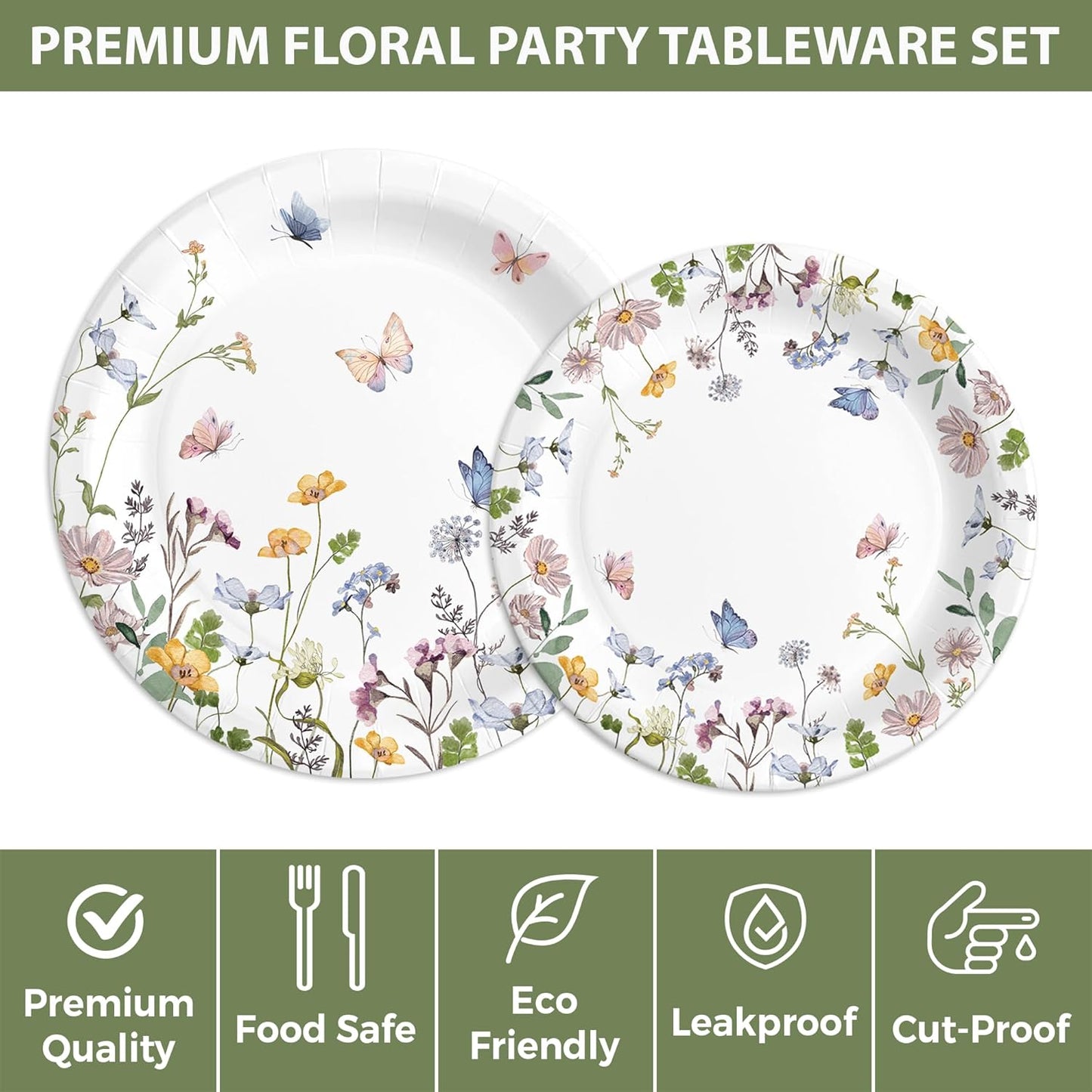 Audree 96 Pcs Wildflower Party Supplies, 24 set Disposable Paper Plates and Napkins for Party Baby Shower, Wedding, Birthday, Perfect for Guests Set Dinner and Dessert Plates, Napkins, Plastic Forks