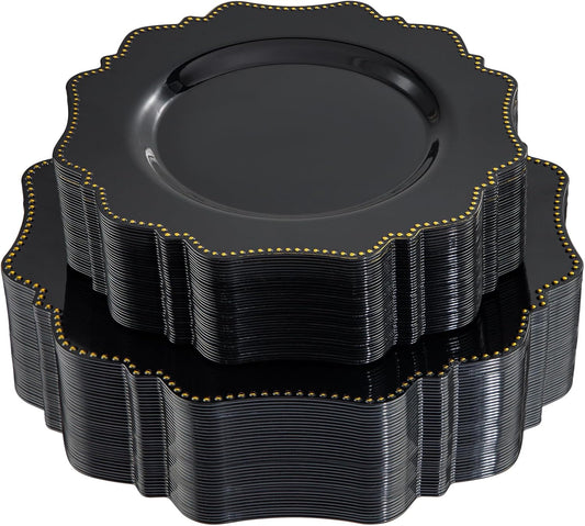 COLOSUS Black Plastic Plates Set,Heavy Duty Black Disposable Plates for 50 guests,Include 50PCS 10.5inch Dinner Plate and 50PCS 8.25 inch Dessert Plate for Halloween Party/Wedding/New Year/Birthday