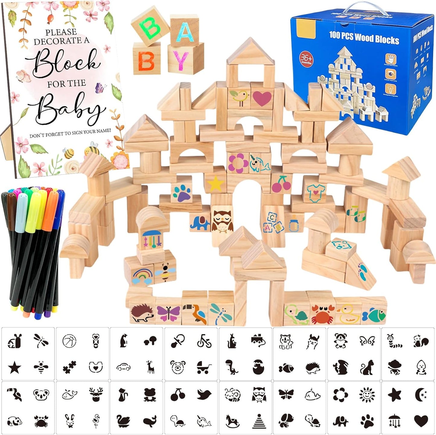 141 Pcs Baby Shower Game Sign Set Includes Decorative Square Signs 100 DIY Blank Wooden Blocks 20 Paint Markers(Garden)