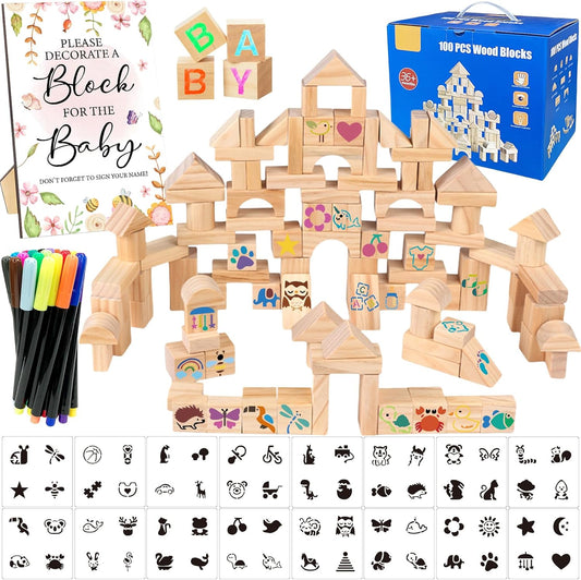 141 Pcs Baby Shower Game Sign Set Includes Decorative Square Signs 100 DIY Blank Wooden Blocks 20 Paint Markers(Garden)