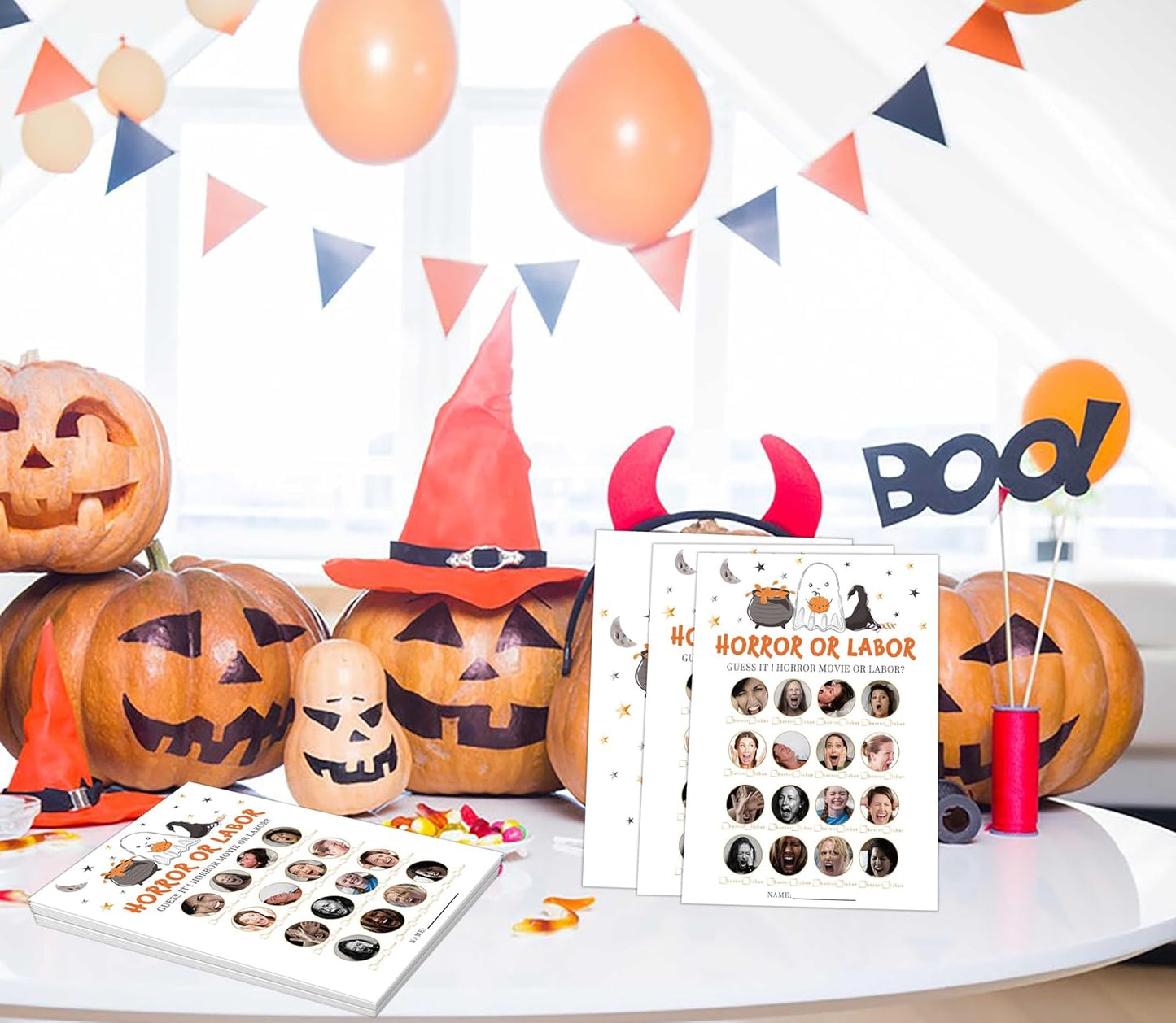 Labor or Horror Halloween Baby Shower Game, 30 Halloween Gender Reveal Games for Guests (Included Answer Card) 5x7 inch, Perfect for Neutral Gender Reveal Decorations Party Favors Supplies