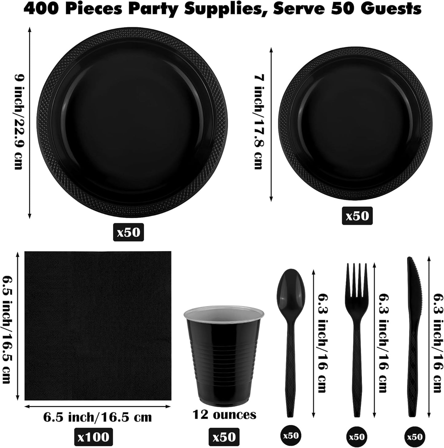 Aodaer 400 Pieces Black Party Supplies Disposable Dinnerware Set Include Plastic Plates Cups Knives Forks Spoons Paper Napkins for Birthday Wedding Graduation Parties, Serve 50 Guests