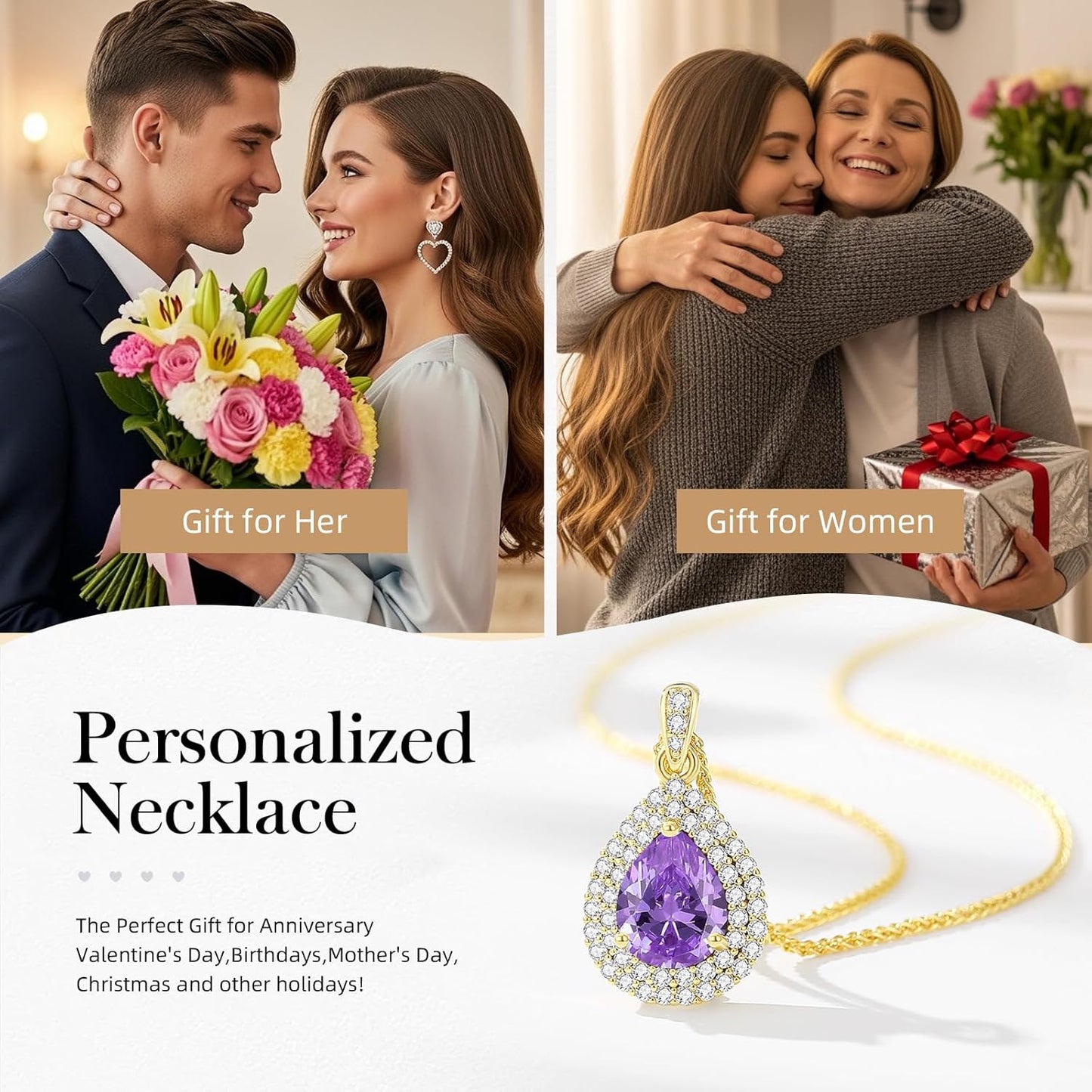 Gold Necklace for Women-Teardrop Birthstone Pendant-18K Gold Plated Chain with Light-Up Gift Box, Jewelry for Women,Anniversary Birthday Gifts for Her Wife Girlfriend Mom,Womens Jewelry