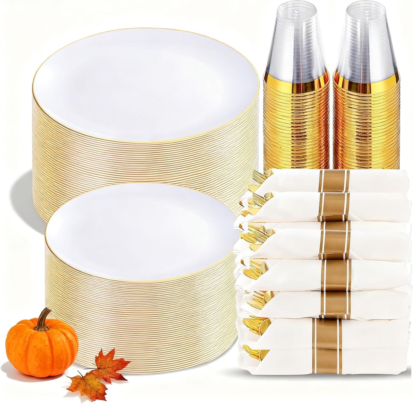 KIRE 350 PCS White and Gold Plates Disposable - Elegant Dinnerware Set of 50 Guest, White Plastic Plates With Gold Rim, Pre Rolled Napkins with Silverware & Cups for Thanksgiving Party/Wedding