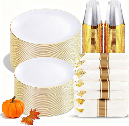 KIRE 350 PCS White and Gold Plates Disposable - Elegant Dinnerware Set of 50 Guest, White Plastic Plates With Gold Rim, Pre Rolled Napkins with Silverware & Cups for Thanksgiving Party/Wedding