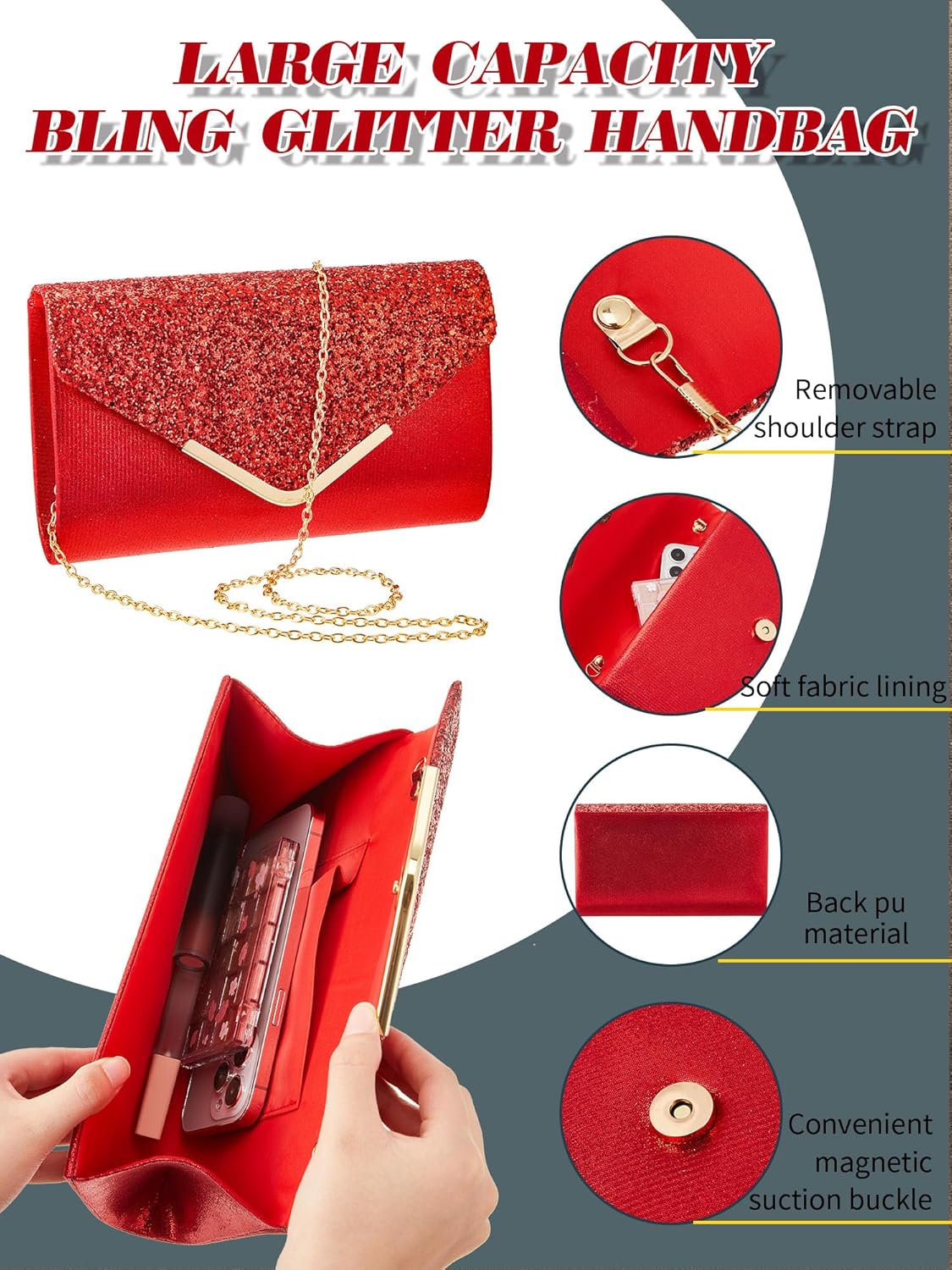 Henoyso 5 Pcs Purse Rhinestone Jewelry Set Prom Jewelry Rhinestone Clutch Purse Necklace Earrings Bracelets for Women Bride