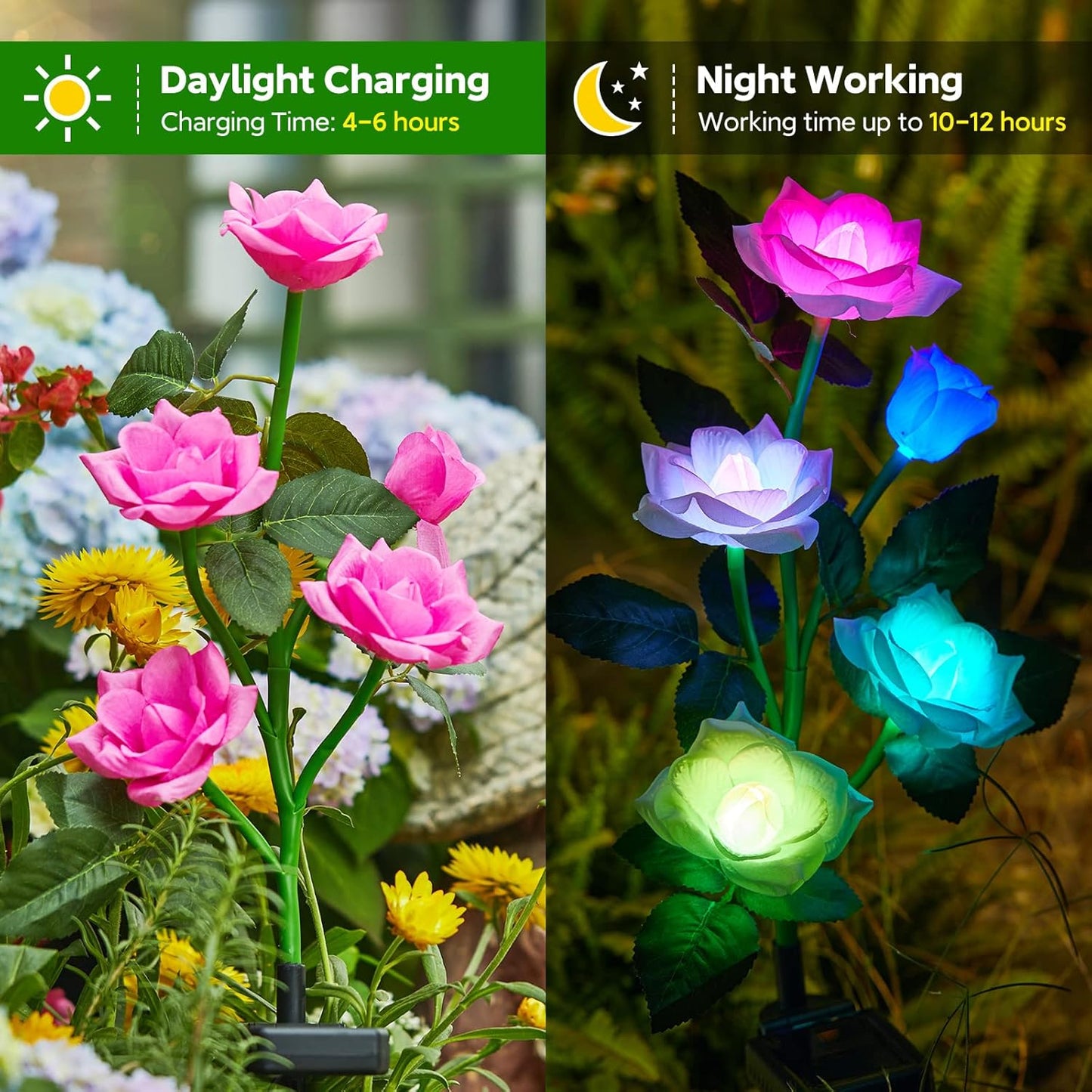 RECHOO Solar Garden Lights Outdoor Decorative, 3 Pack Solar Flower Lights with 15 Rose Flowers, Multi-Color Changing LED Waterproof Garden Decor for Patio Yard Pathway Decoration