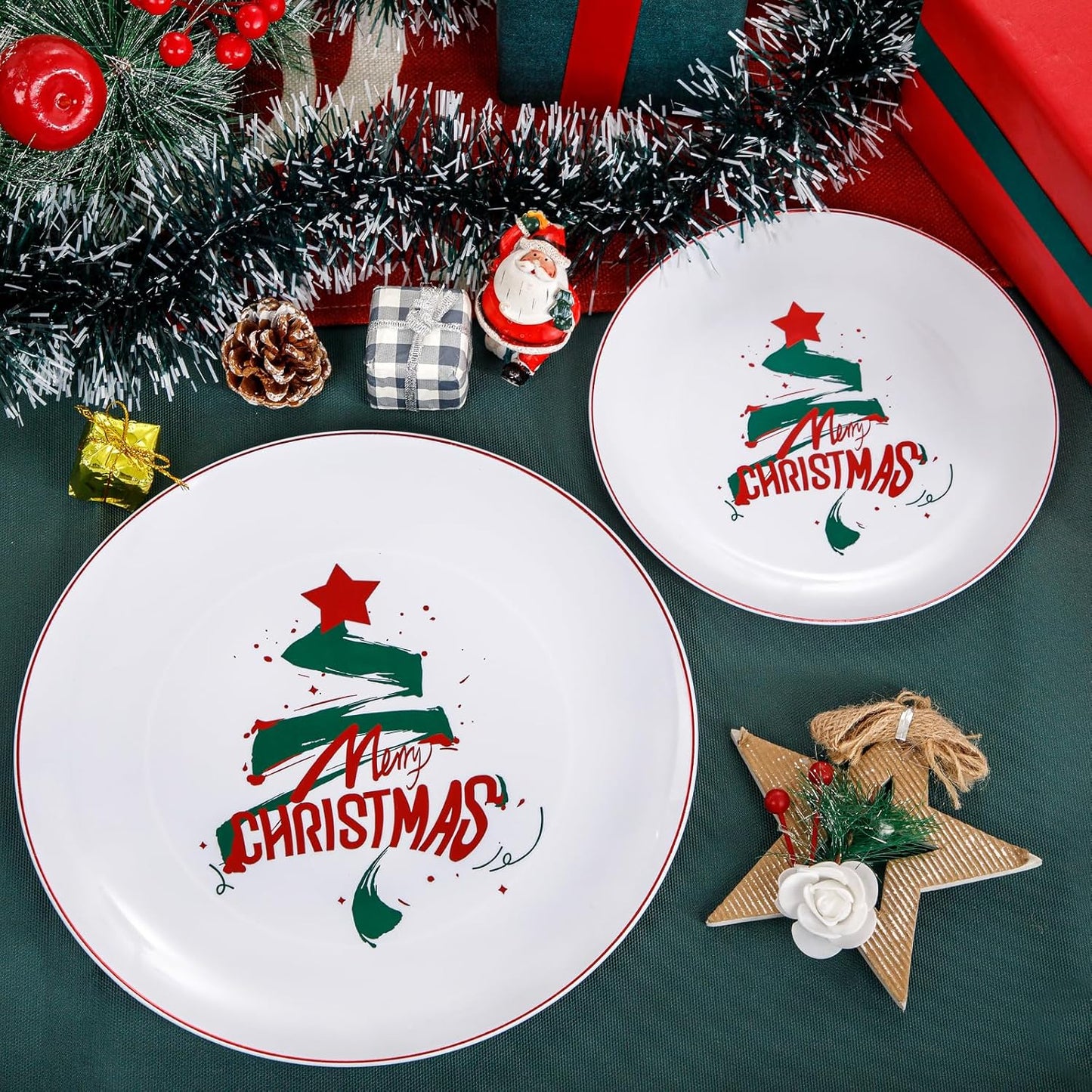 NOCCUR 60PCS Christmas Plates - Include 30 Dinner/Dessert Plastic Plates with Red Christmas Trees, Serve for 30 Guests