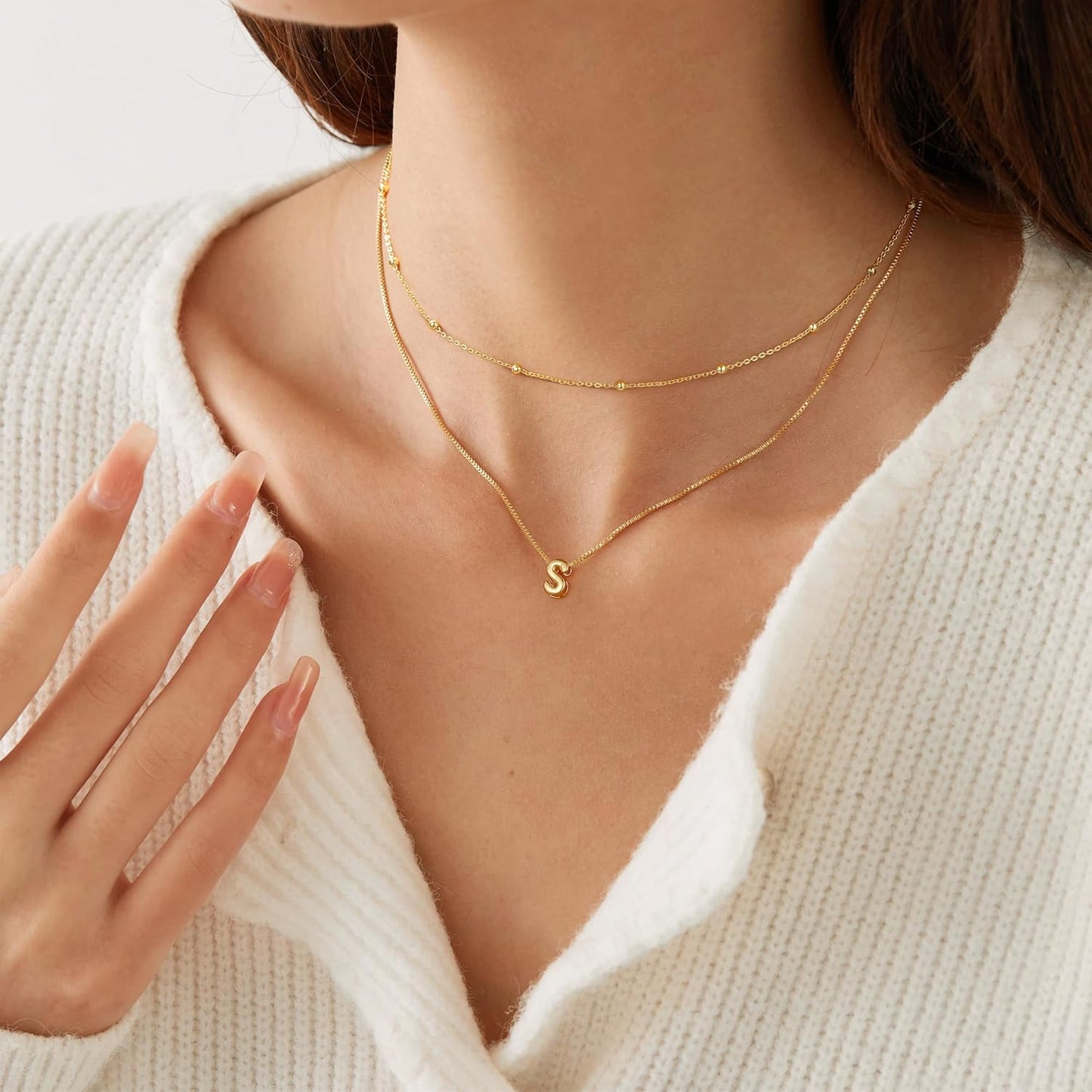 Initial Necklaces for Women - Real Gold Plated Bubble Pendent Dainty Gold Necklace for Women Layered Gold Letter Necklace Beaded Box Chain Choker Necklace Jewelry for Women Gifts for Girls