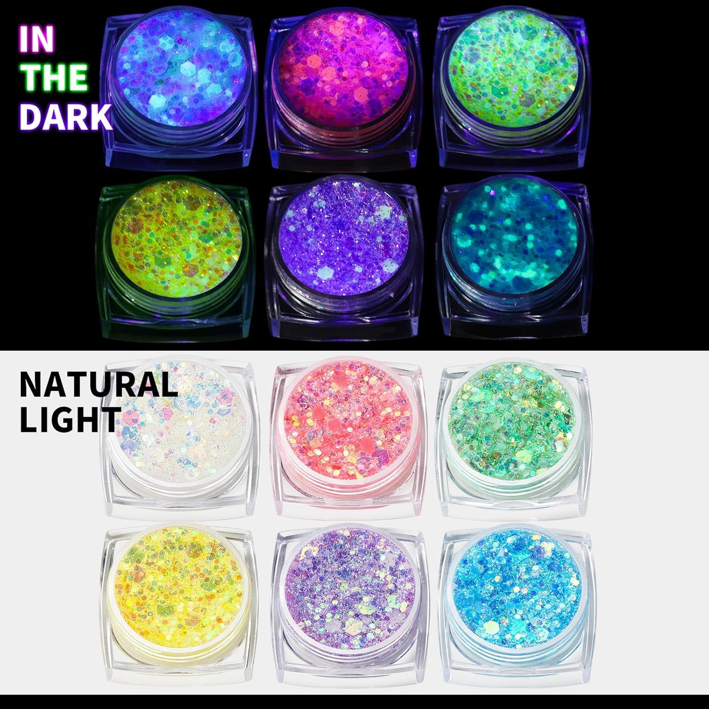 Teenitor 6 Colors Glow in The Dark Glitter Gel, Face Glitter Gel, Body Glitter Hair Glitter for Halloween Makeup UV Black Light Party Cheer Raves Festivals