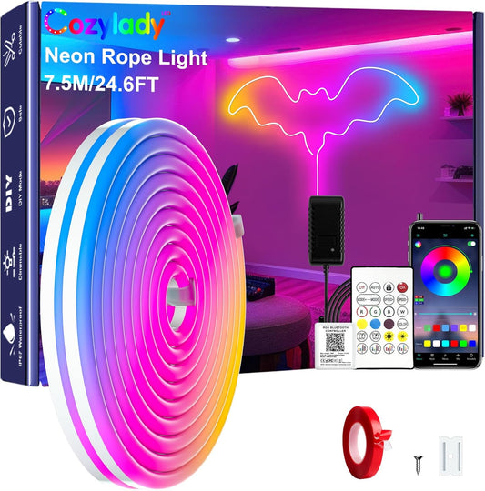 Cozylady 20Ft RGB LED Neon Rope Lights for Bedroom, 7.5m LED Strip Lamp with Double Sided Adhesive Tape, App/Remote Control Waterproof DIY Lights Decorate The Outdoor and Indoor of Your Home.