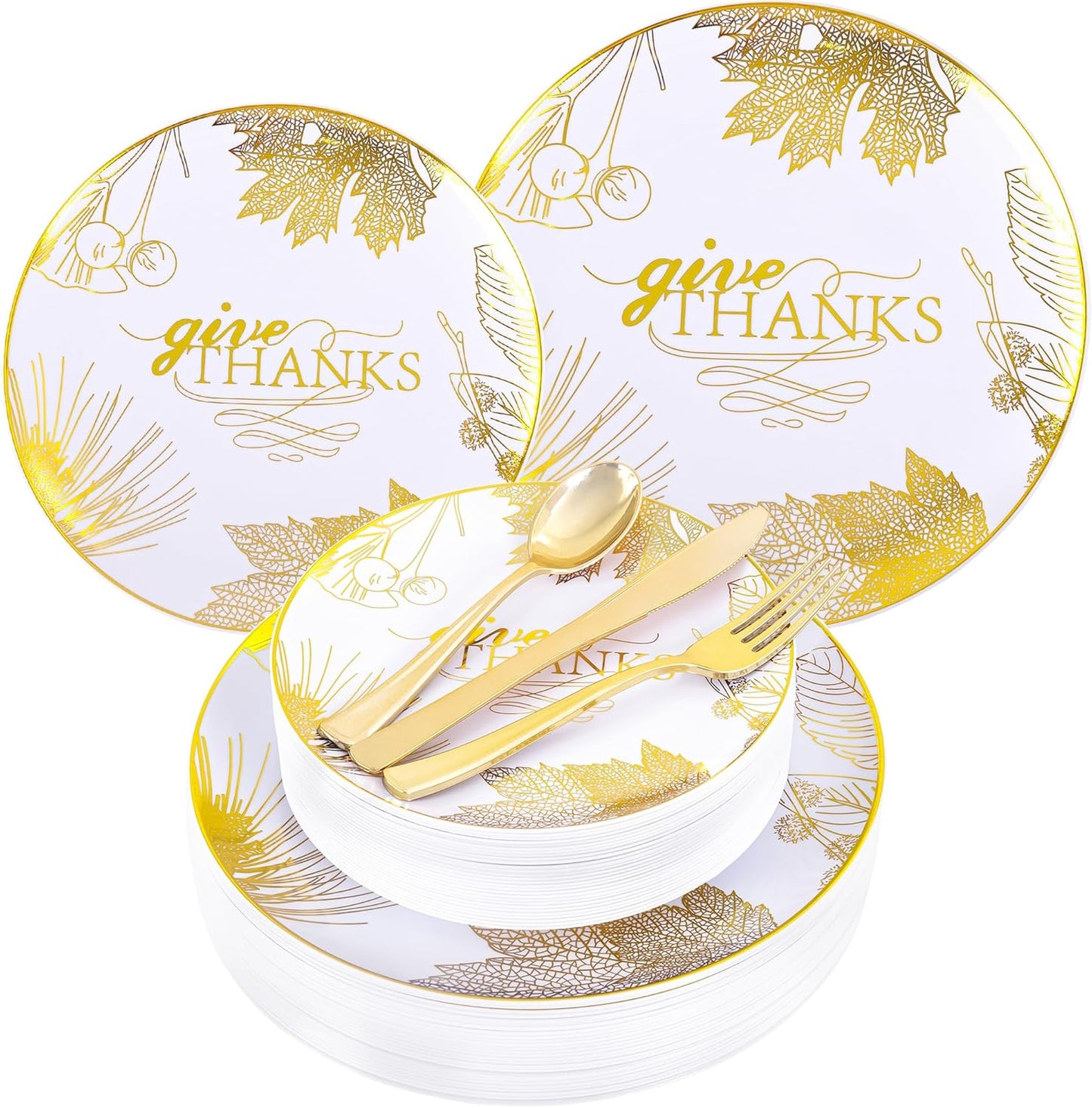 125PCS Thanksgiving Plastic Plates - Gold Disposable Dinnerware Sets - Thanksgiving Maple leaf Plates with Silverware for 25 Guests for Autumn Harvest Party Decor