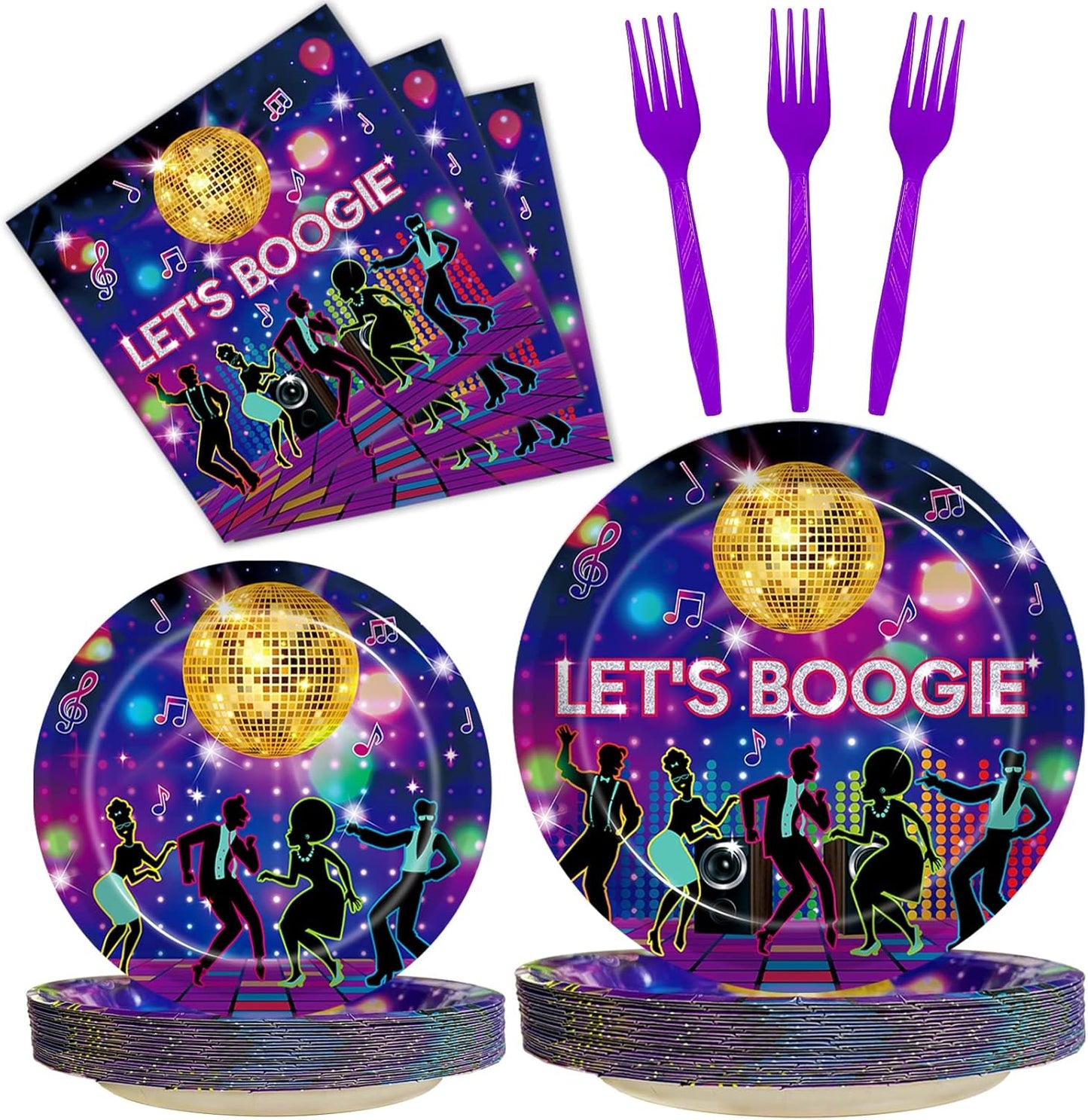 96 Pcs 70s Disco Party Plates and Napkins Supplies, The 70's Birthday Party Decorations 80s 90s Dance Disco Boogie Theme Party Tableware Kit, Serves 24
