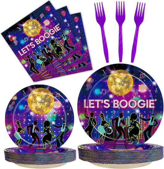 96 Pcs 70s Disco Party Plates and Napkins Supplies, The 70's Birthday Party Decorations 80s 90s Dance Disco Boogie Theme Party Tableware Kit, Serves 24