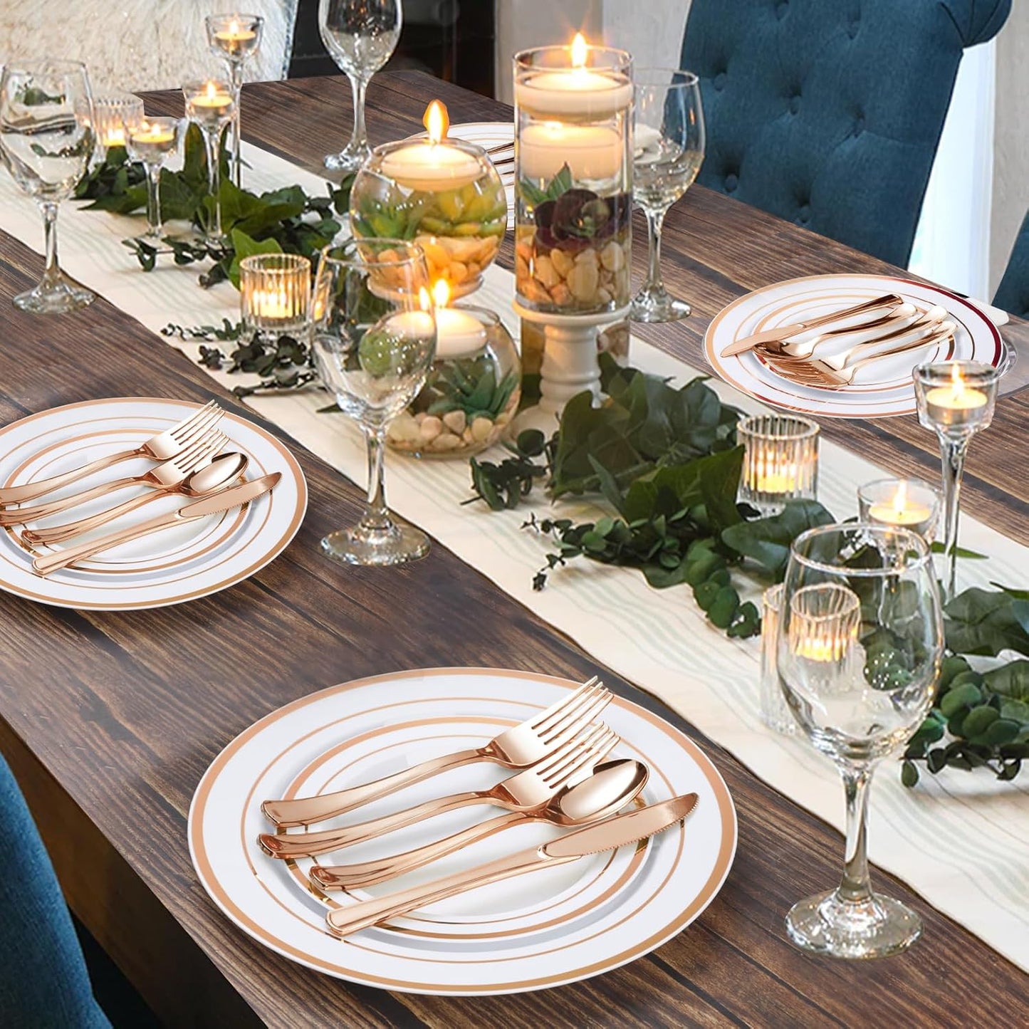 BESTVIP 600PCS Rose Gold Plastic Plate Set (100 Guests), Plastic Plates for Party Wedding Birthday, Disposable Dinnerware Set of 200 Plates, 200 Forks, 100 Spoons, 100 Knives for Christmas