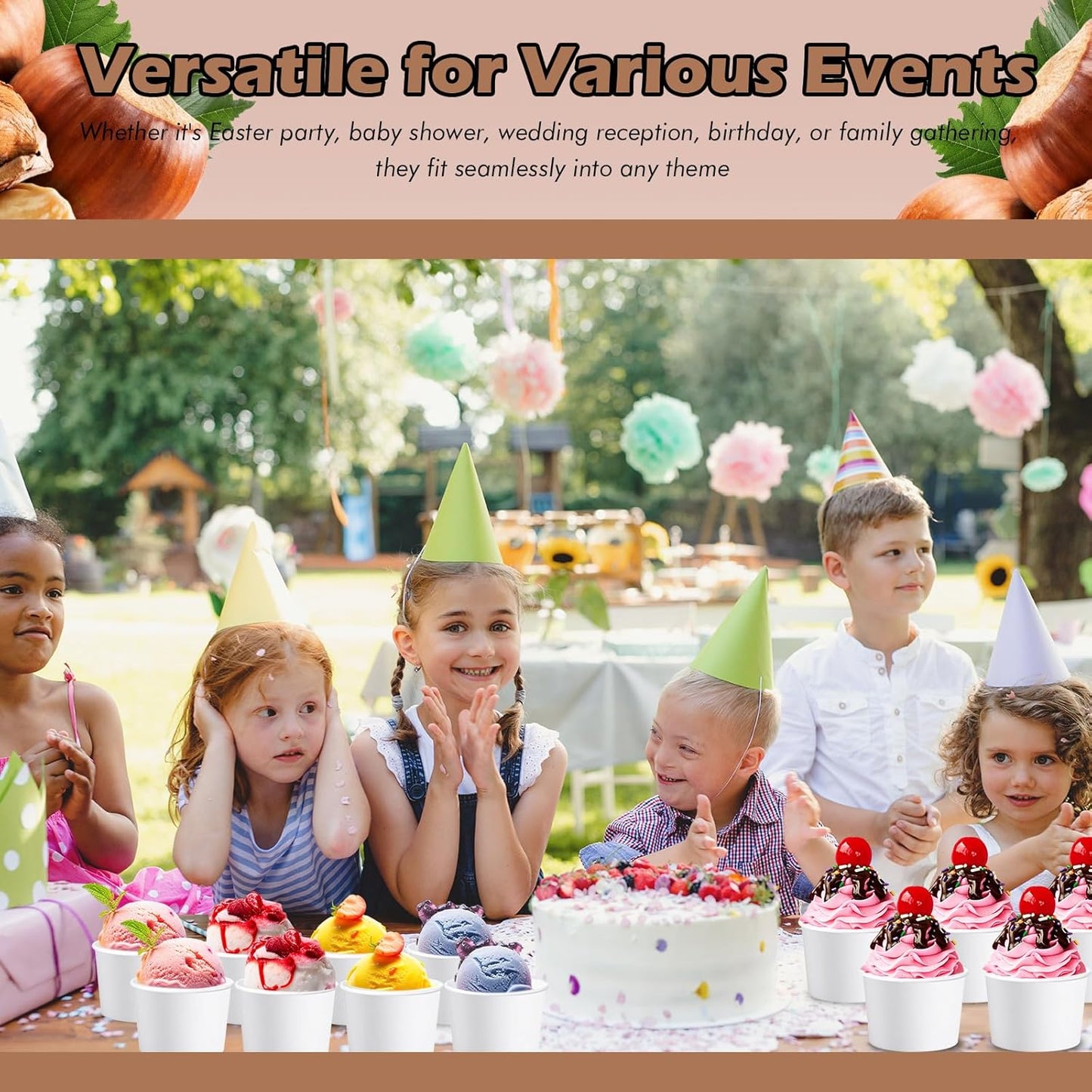 Paper Ice Cream Cups 9oz Colored Disposable Dessert Bowls for Hot or Cold Food Party Cups for Birthday Baby Shower Easter Party Supplies(White,60 Pcs)