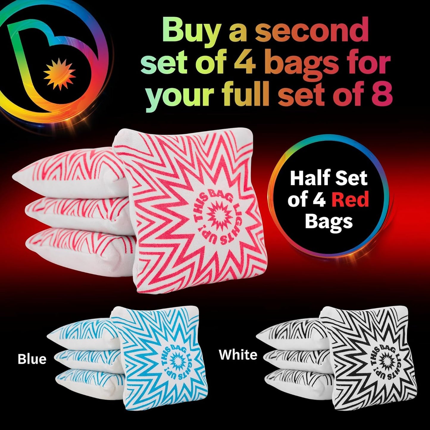 Brightz BagBrightz LED Cornhole Bags, 4-Pack - Cornhole Bean Bags That Light Up - Next Level Gameplay Experience! - 6+ Hours of Glow Time - Sold in Packs of 4 - Select Your Team Colors!