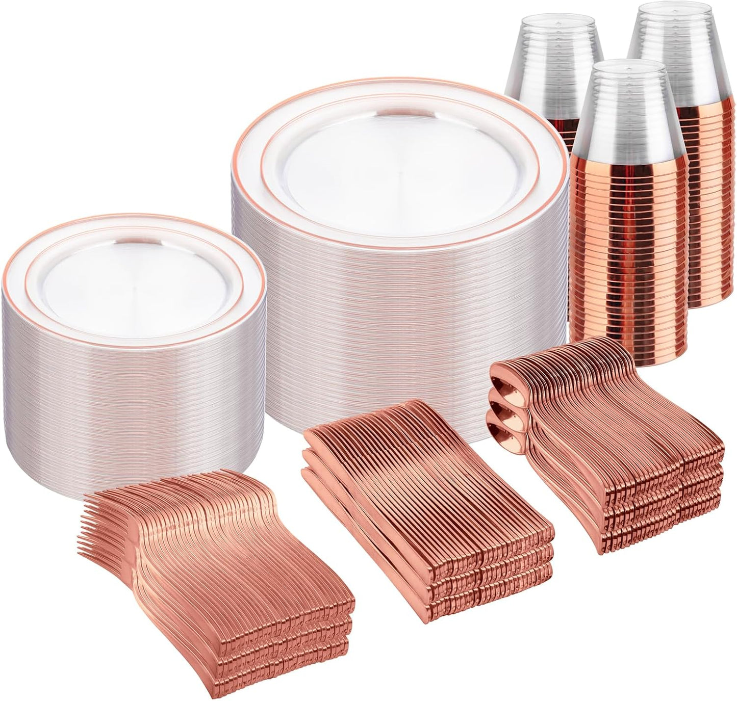 bUCLA 600PCS Clear Rose Gold Plastic Dinnerware Set Disposable - Include 100 Dinner Plates, 100 Dessert Plates, 100 Knives, 100 Forks, 100 Spoons, 100 Cups for Party, Wedding & Mother’s Day