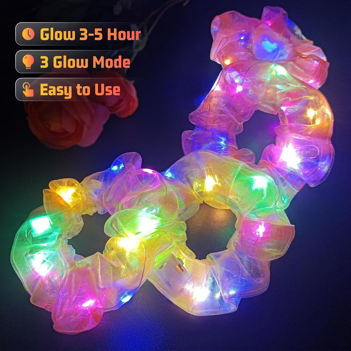 4Pcs Light Up Scrunchies for Women Girl, Multi Light Modes LED Scrunchy, Hair Tie, Glow in The Dark Hair Accessories, Orange Set for Rave Party, Christmas Festival, Neon Glow Party