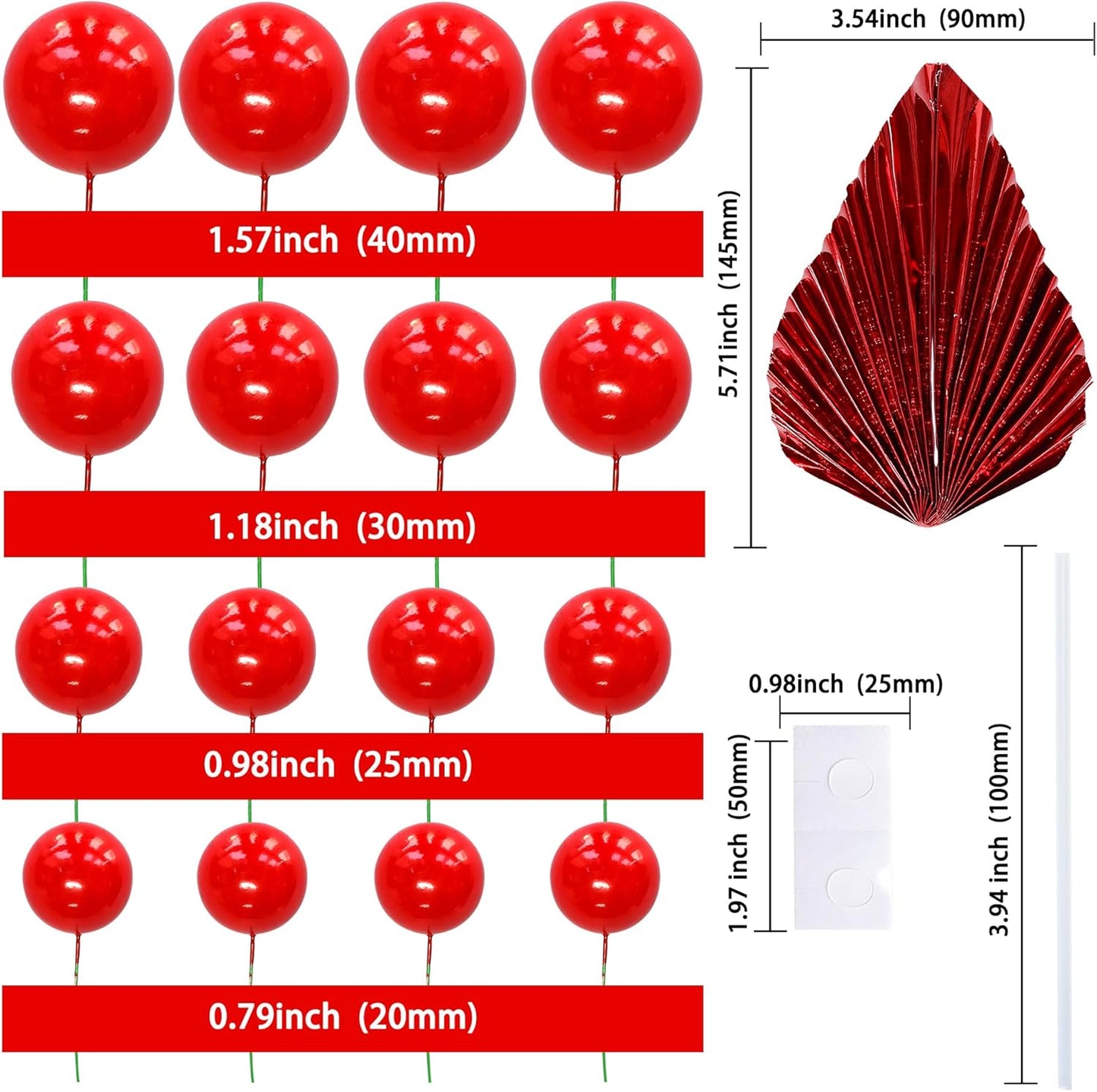 Ephlyn 28Pcs Paper Palm Fan Cake Topper Balls Cake Pick for Baby Shower Wedding Bridal Shower Birthday Party Cake Decorations Supplies Red