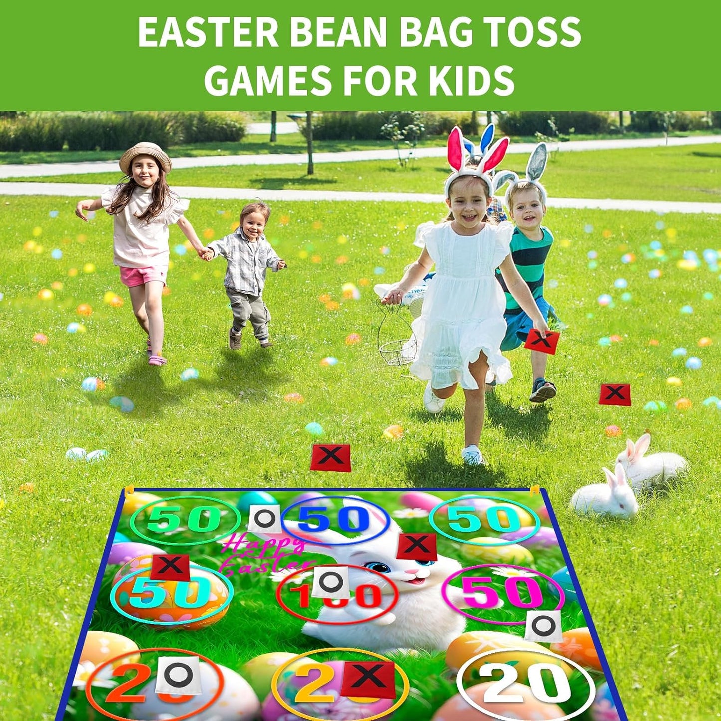 2-in-1 Giant Easter Bean Bag Toss & Large Tic Tac Toe Outdoor Games for Kids Adults-4.5ft Giant Outside Lawn Yard Camping Field Day Games for Kid Family-Backyard Fun Carnival Easter Party Giant Games