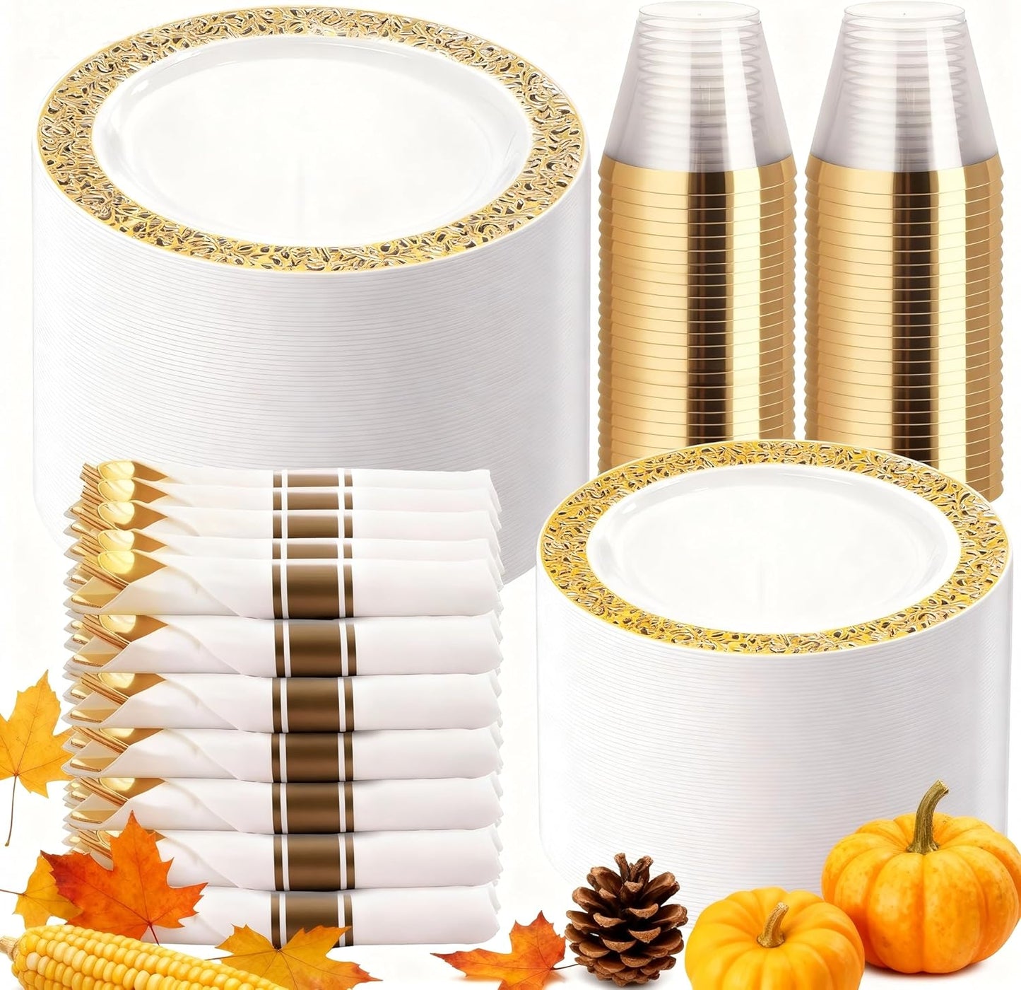 WELLIFE 50 Guests Dinnerware Sets, Gold Plastic Plates，Platos Para Fiestas Elegantes Desechables Include:50 Dinner Plates, 50 Dessert Plate, 150 Pcs Gold Plastic Silverware, 50 Cups for Party