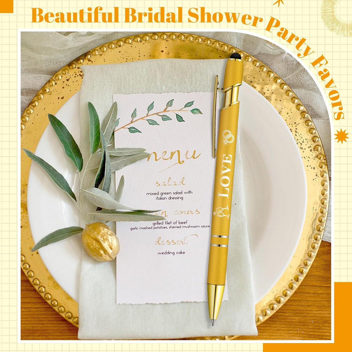 Kisston 36 Pcs Wedding Pens Bulk Bridal Shower Pens Favors Bachelorette 6 Styles Retractable Ballpoint Wedding Favors Supplies for Guest Game Office(Gold)