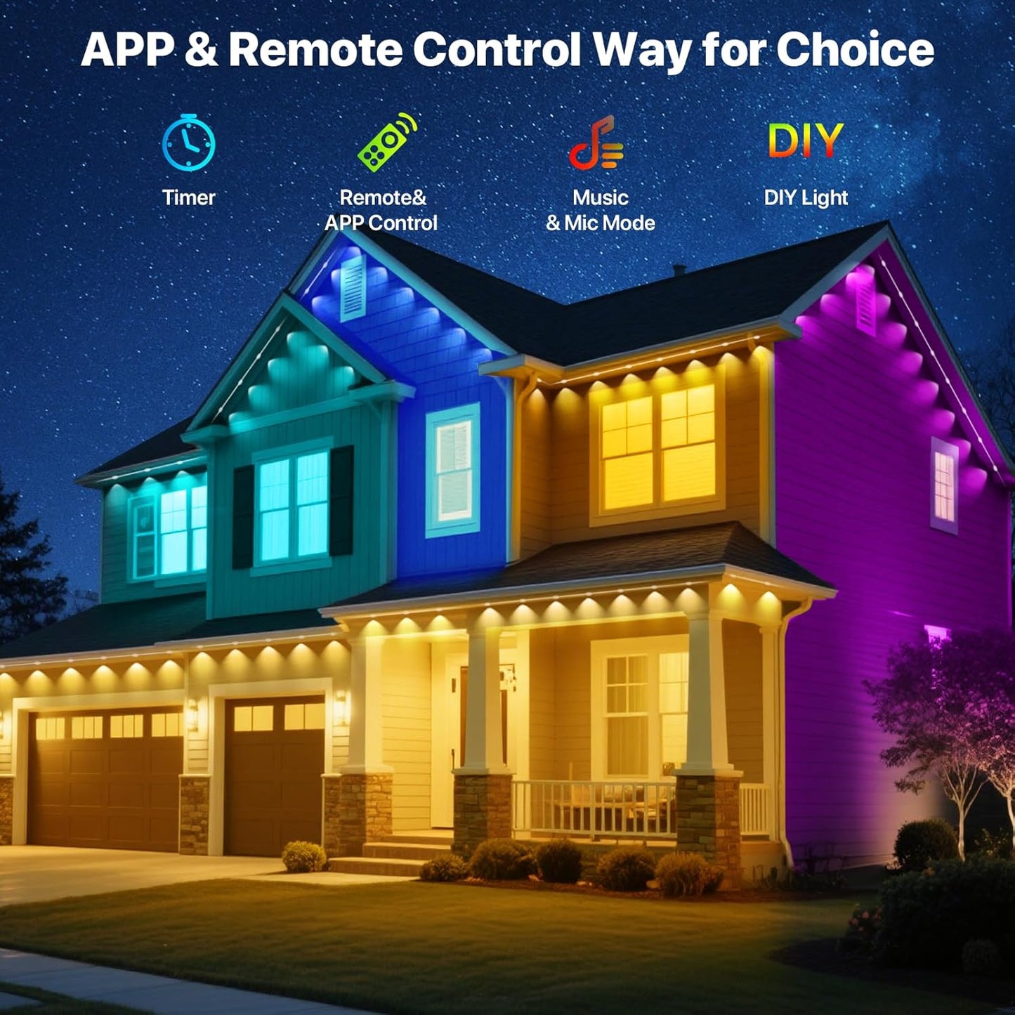 Permanent Outdoor Lights,100FT RGB+IC LED Lights with Smart APP & Remote Control, 72 Scene Modes, Waterproof IP65 for Holiday,Christmas,Yard Decorations(Extension Cord Not Included)