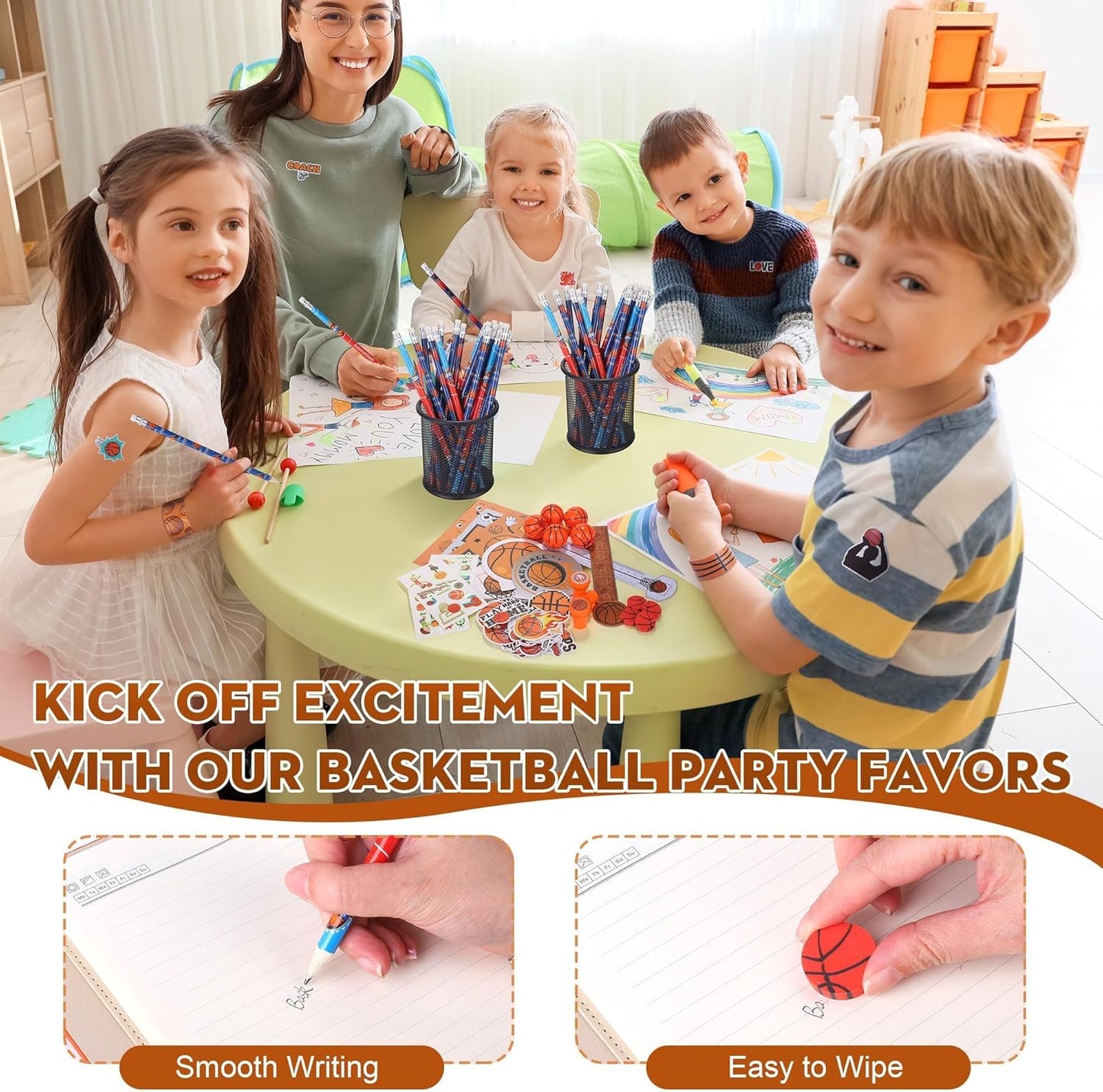 Aneco 340 Pieces Basketball Party Favor Set Basketball Goodie Bags Stuffers Mini Card Pencil Sharpener Eraser Stamp Slap Bracelet Sticker School Stationery Bulk for Party Team Game Prize Birthday Gift