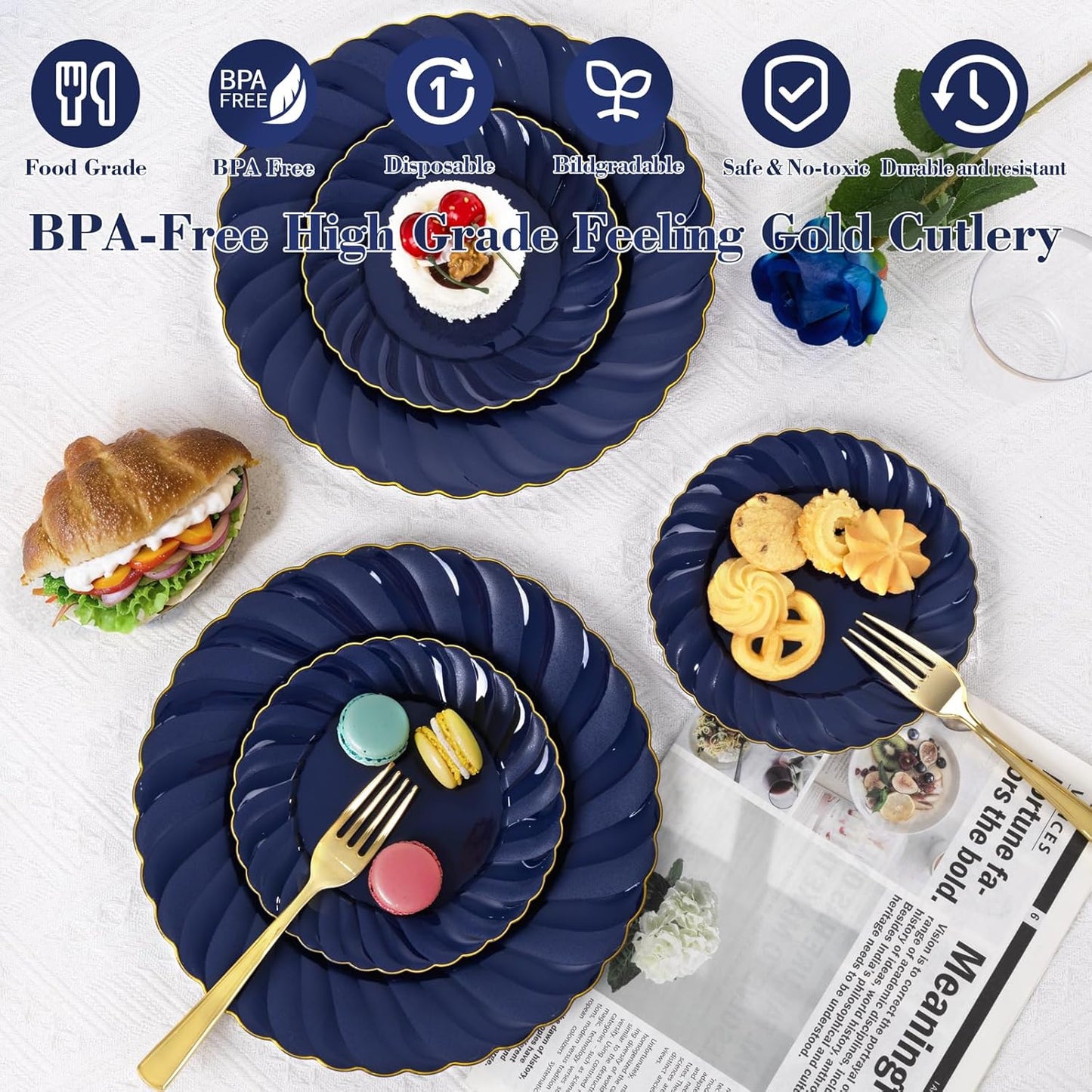 YOUBET 100 Pack Blue Scalloped Plastic Plates - 6.5 Inch Navy Blue Disposable Plates - High End Elegant Vintage Dessert Plate for Party & Weeding & Birthday