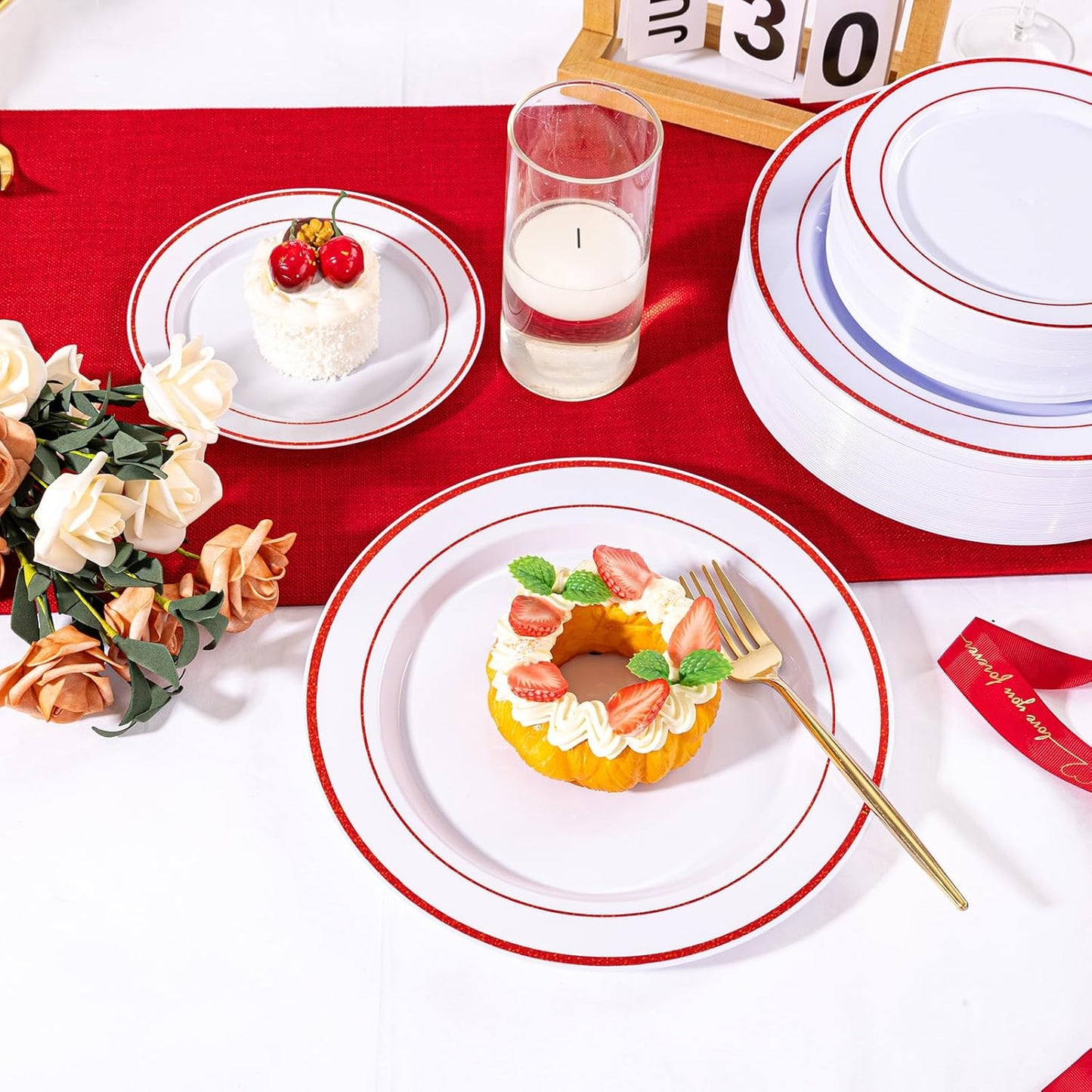 U-QE 100pcs Glitter Red Plastic Plates for Party - White Plates Disposable Heavy Duty - Include 50 10" Dinner and 50 7" Dessert Plate, Perfect for Party, Wedding(Glitter Red)