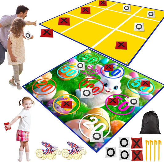 2-in-1 Giant Easter Bean Bag Toss & Large Tic Tac Toe Outdoor Games for Kids Adults-4.5ft Giant Outside Lawn Yard Camping Field Day Games for Kid Family-Backyard Fun Carnival Easter Party Giant Games